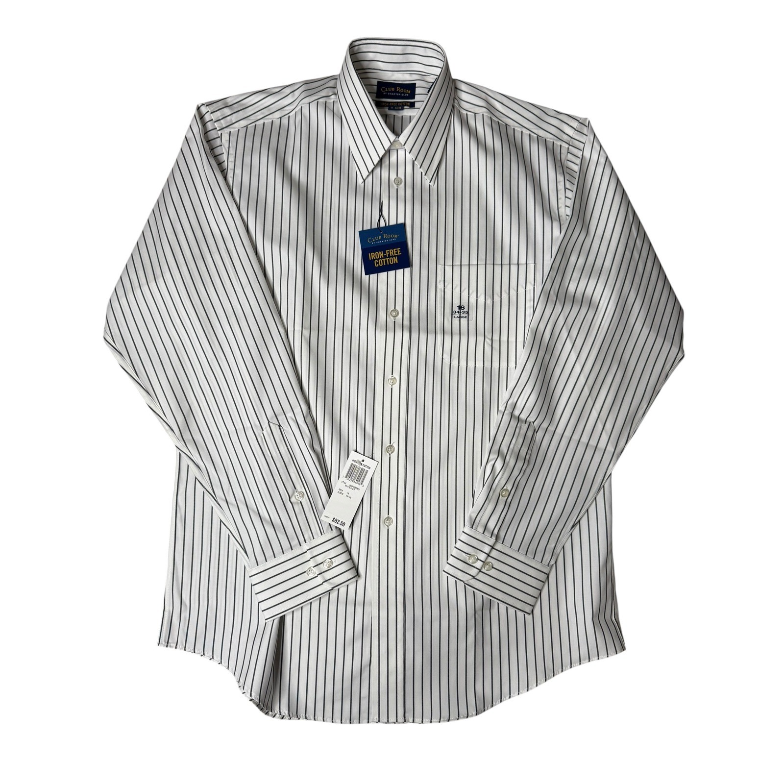Club Room Striped Dress Shirt Iron-Free Cotton Button Down Long Sleeve 16 34/35