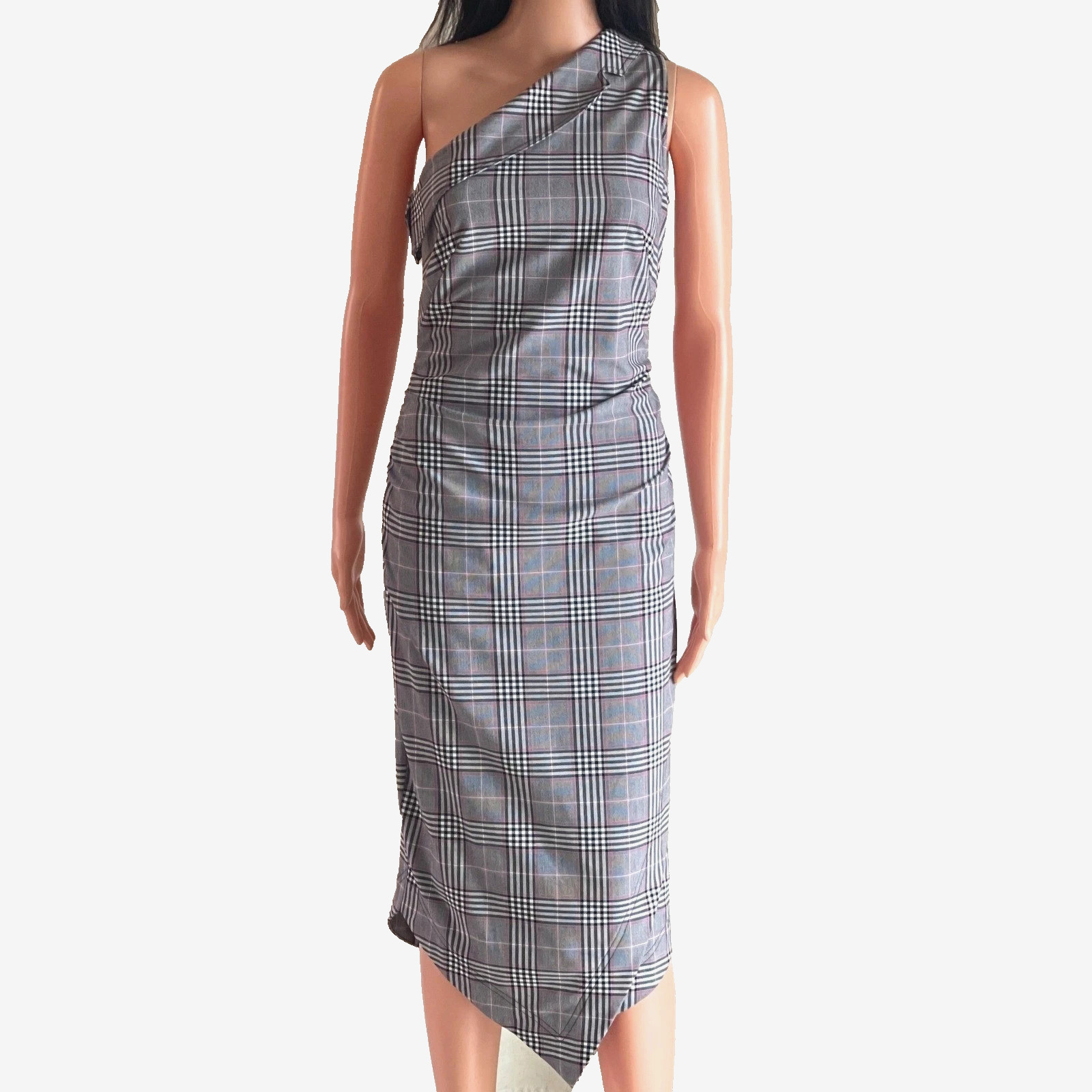 Maeve Anthropologie One Shoulder Asymmetrical Midi Dress Women\'s 6P Gray Plaid