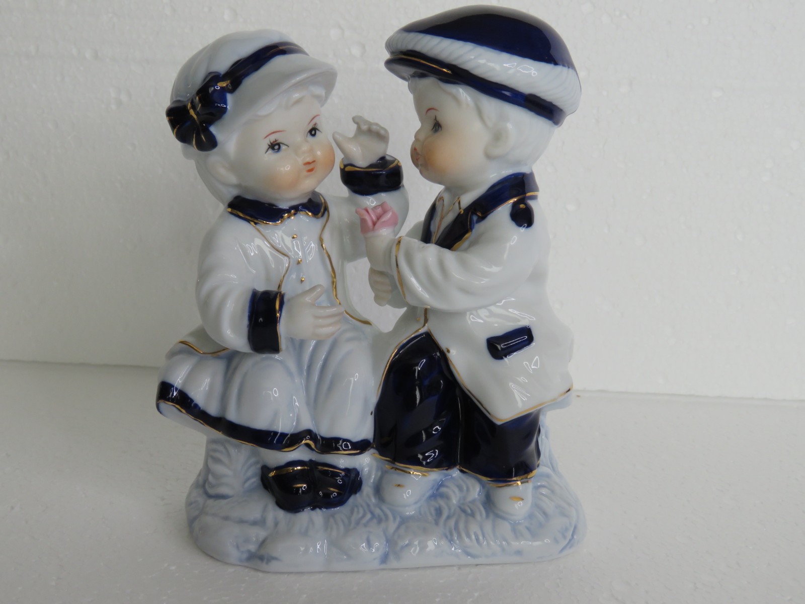 Vintage Cobalt Blue Fine Porcelain Girl & Boy \