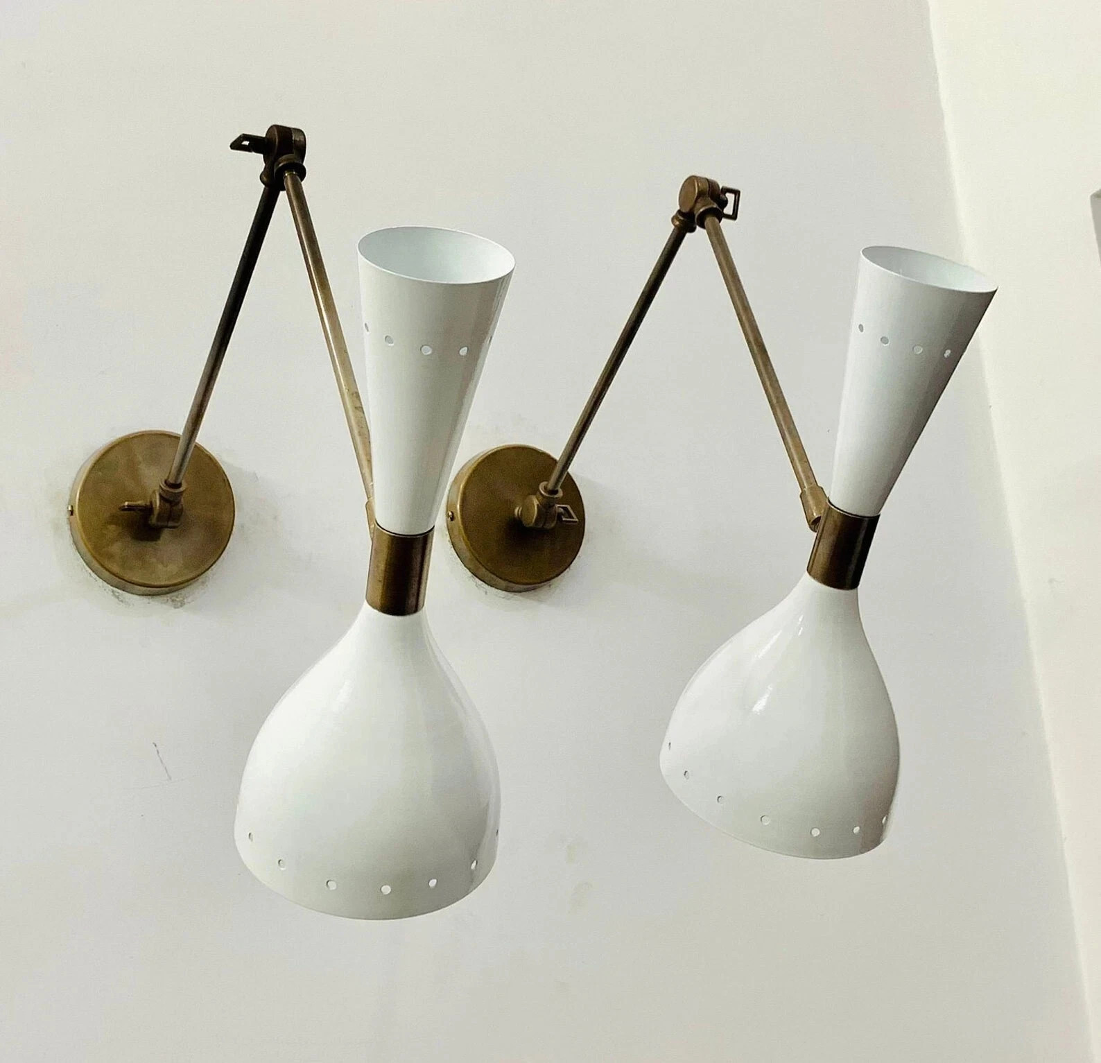 1950\'s Mid Century Italian Brass Diabolo Wall Sconce Pair 2-Light Fixture Lamp