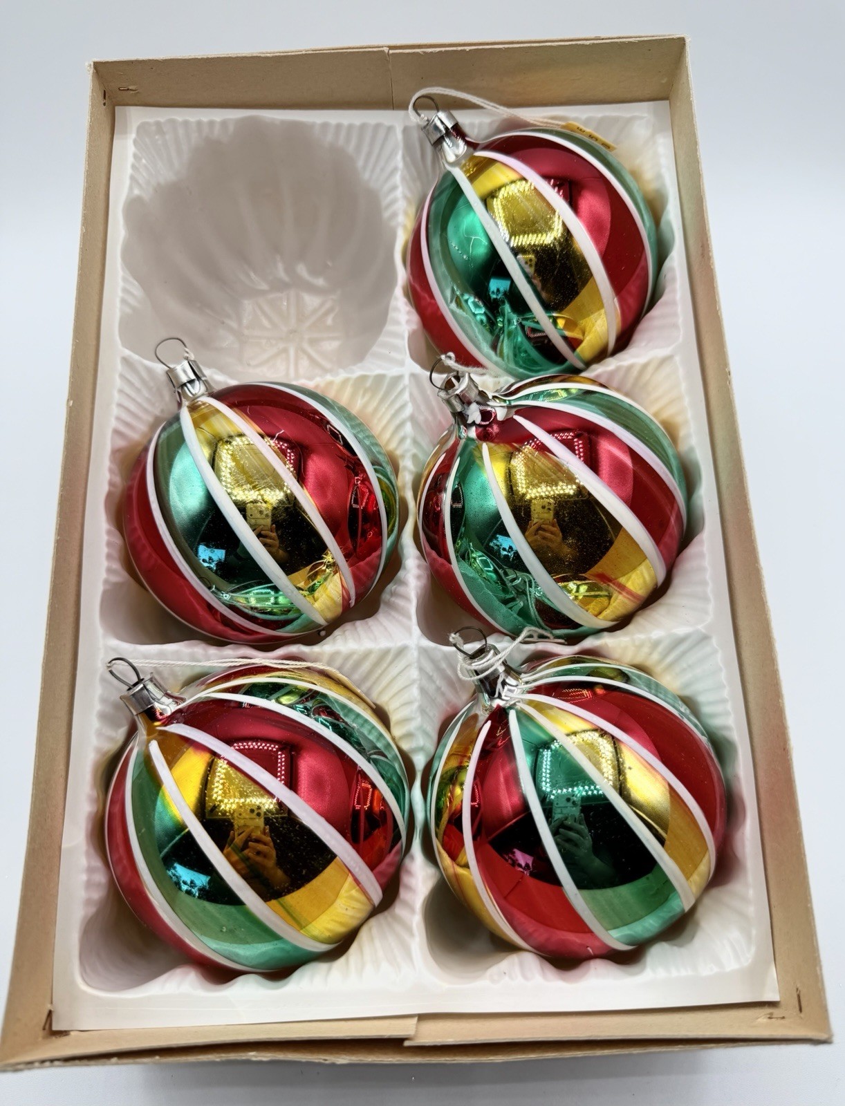 Vtg  West German Glass Christmas Ornaments Striped Box Set 5 3.25” w Macys Tags