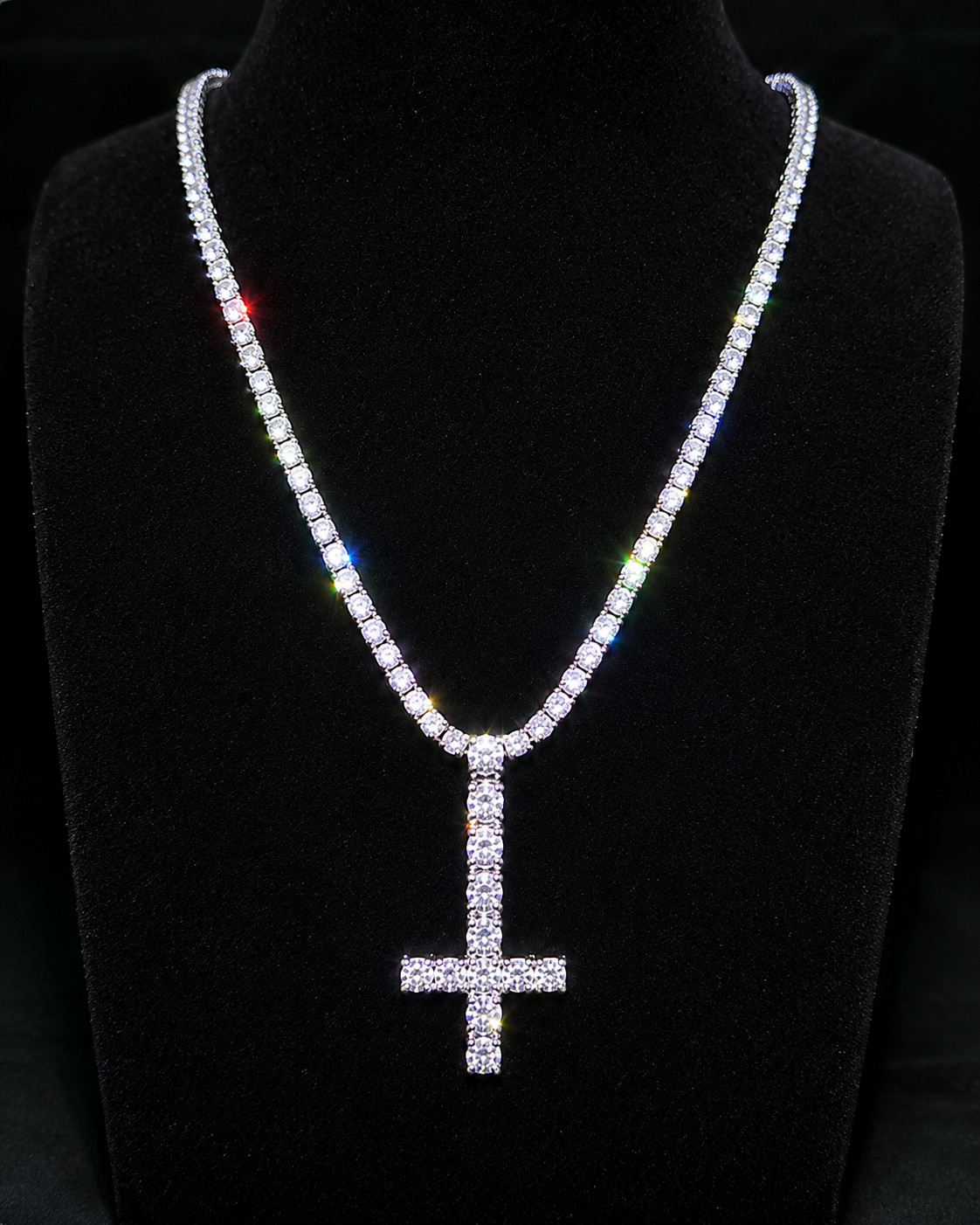 Upside Down Inverted Cross Pendant Iced Out Tennis Chain Necklace Upside Down Inverted Cross Pendant Iced Out Tennis Chain Necklace