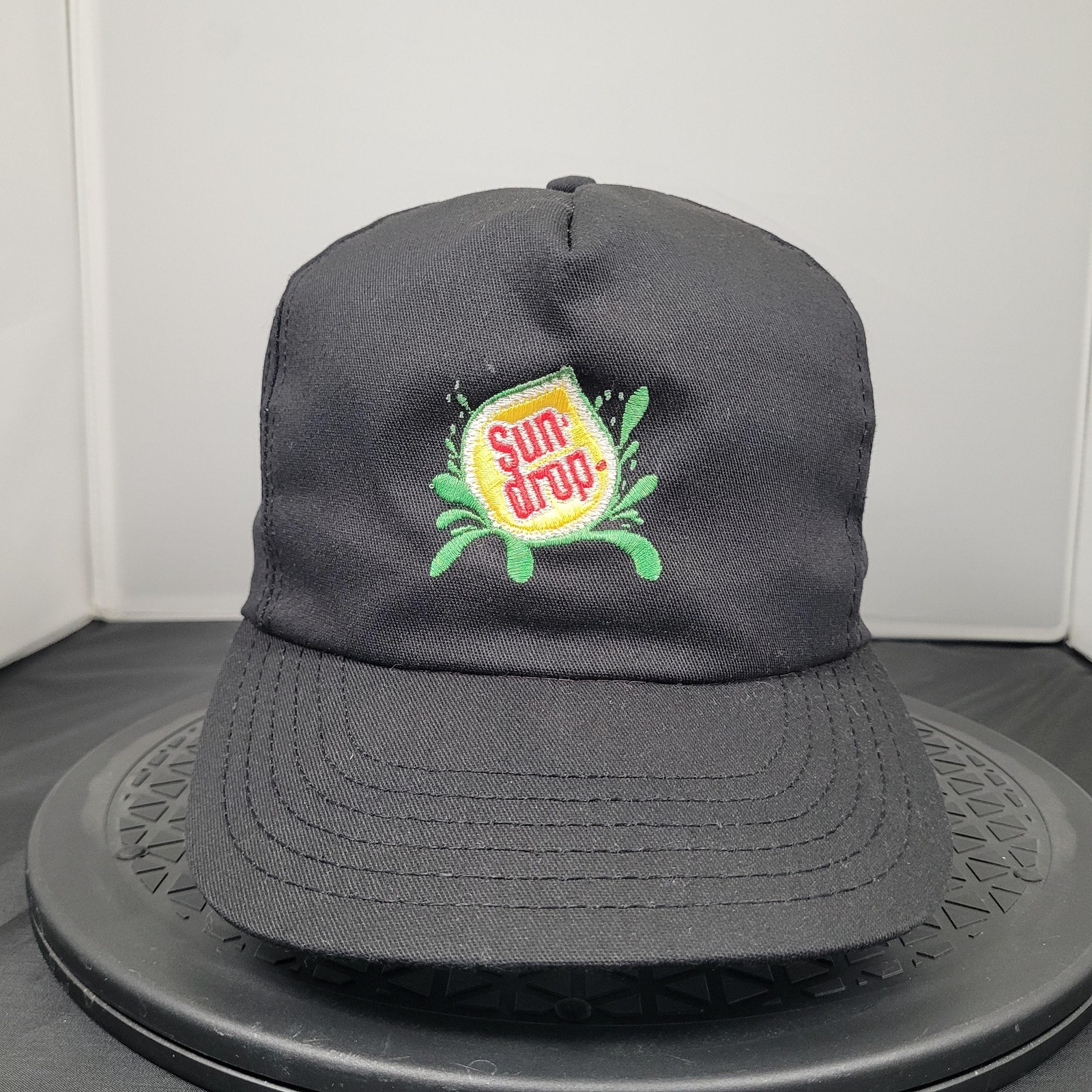 Vintage Sun Drop Hat Cap Snap Back Mens Black Soda Logo Embroidered Made USA