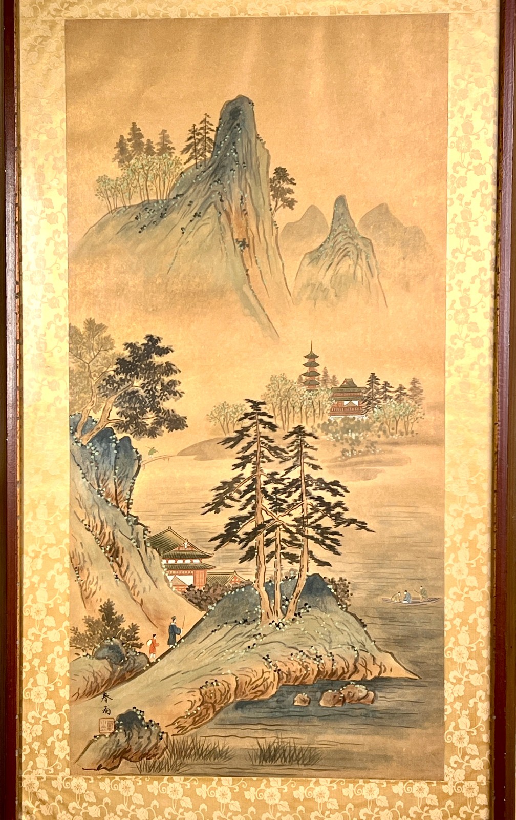 VTG Japanese Watercolor Gouache Painting Pagoda Landscape 43\