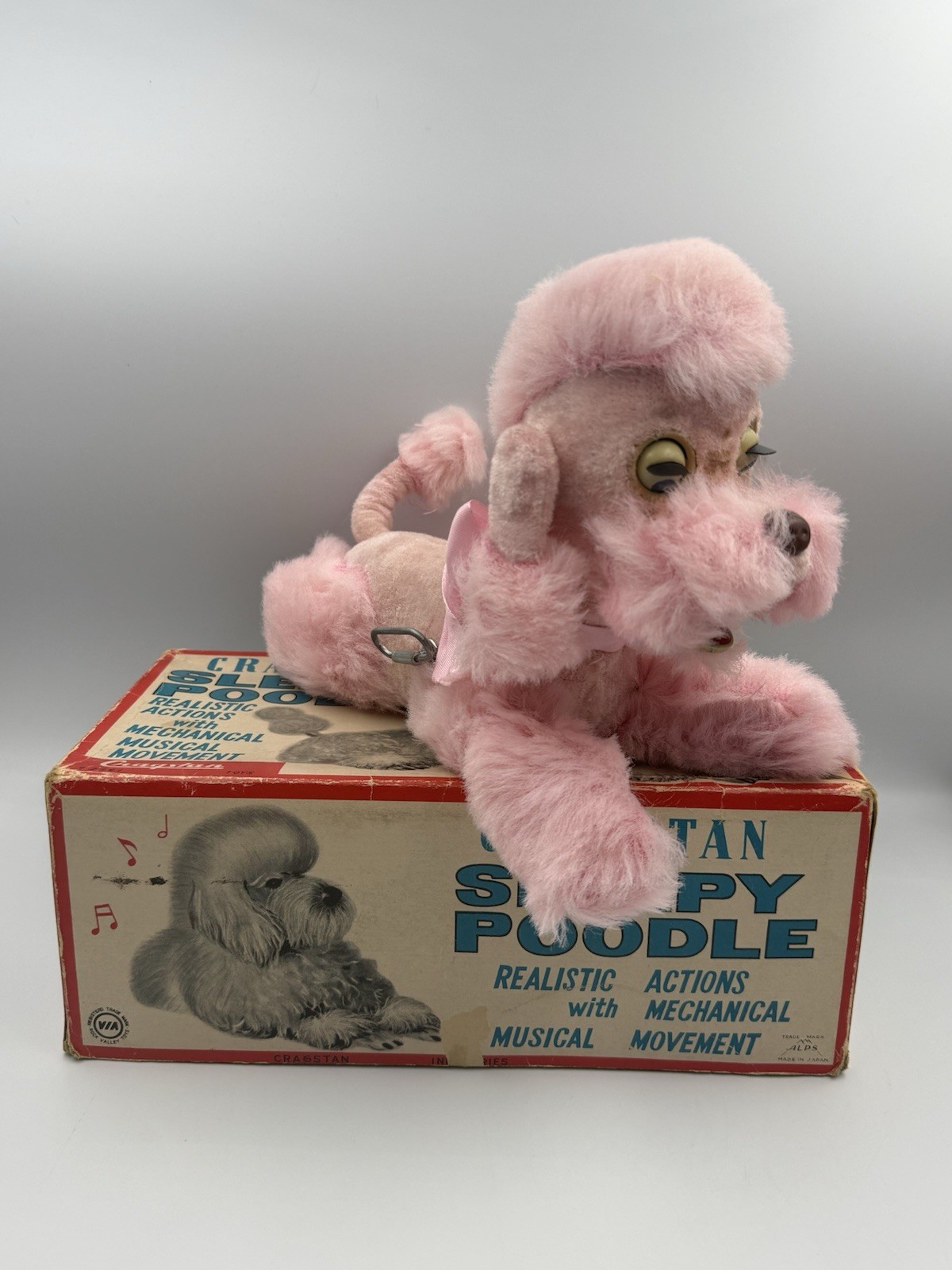 Vintage Cragstan Toys Pink Sleepy Poodle Wind-Up Musical Toy Japan w/ Box