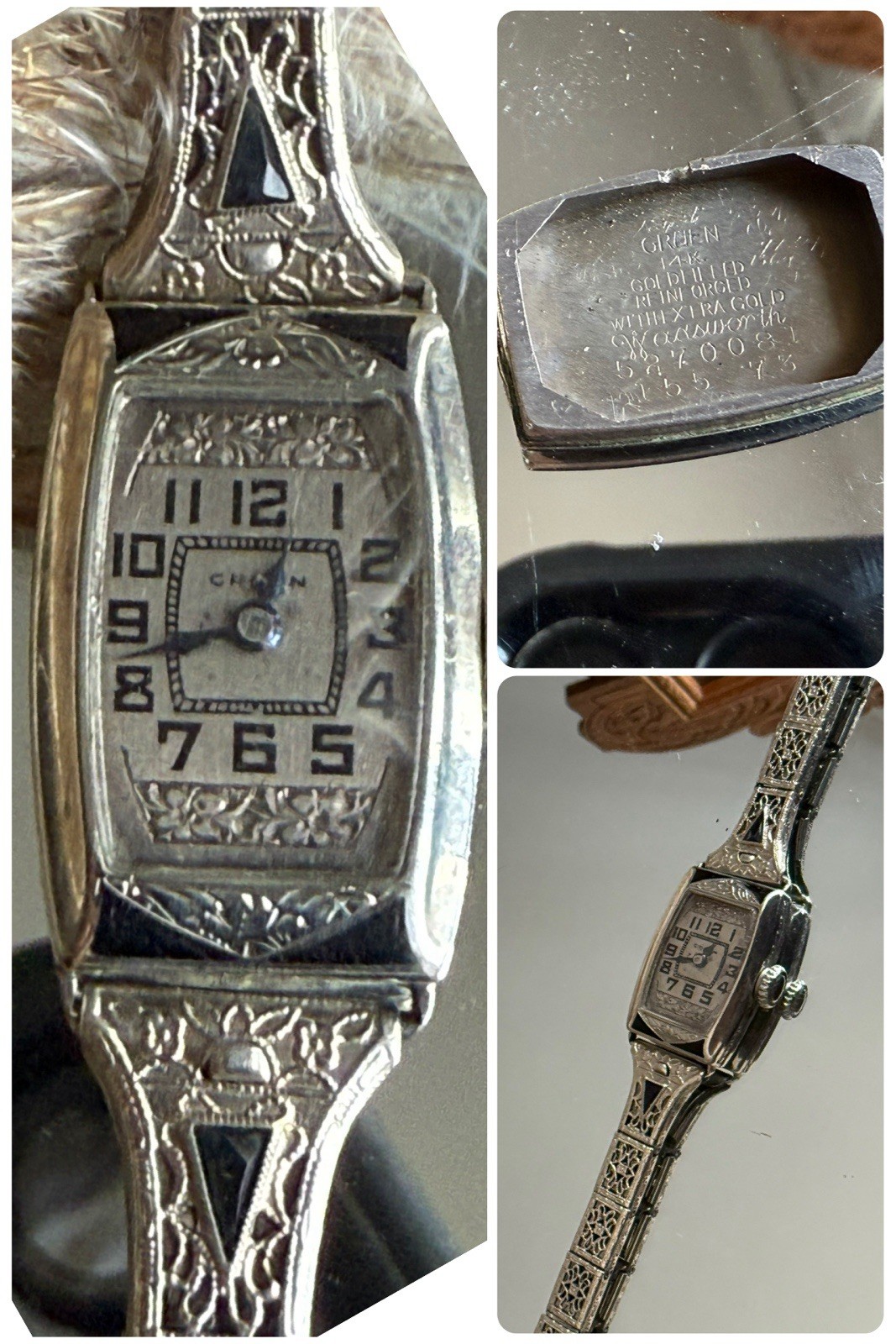 1930’s Ladies Art Deco Enamel Gruen Watch~Deco Sapphire Filigree Band