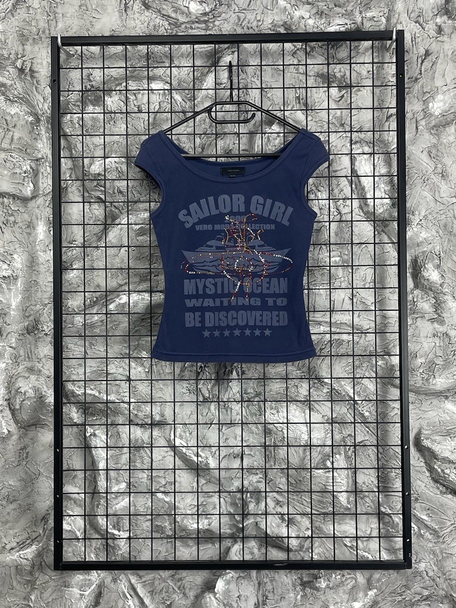 VNTG Vero Moda Y2K Rhinestone Graphic Top Cap Sleeve S⁠ Vivienne Westwood Style