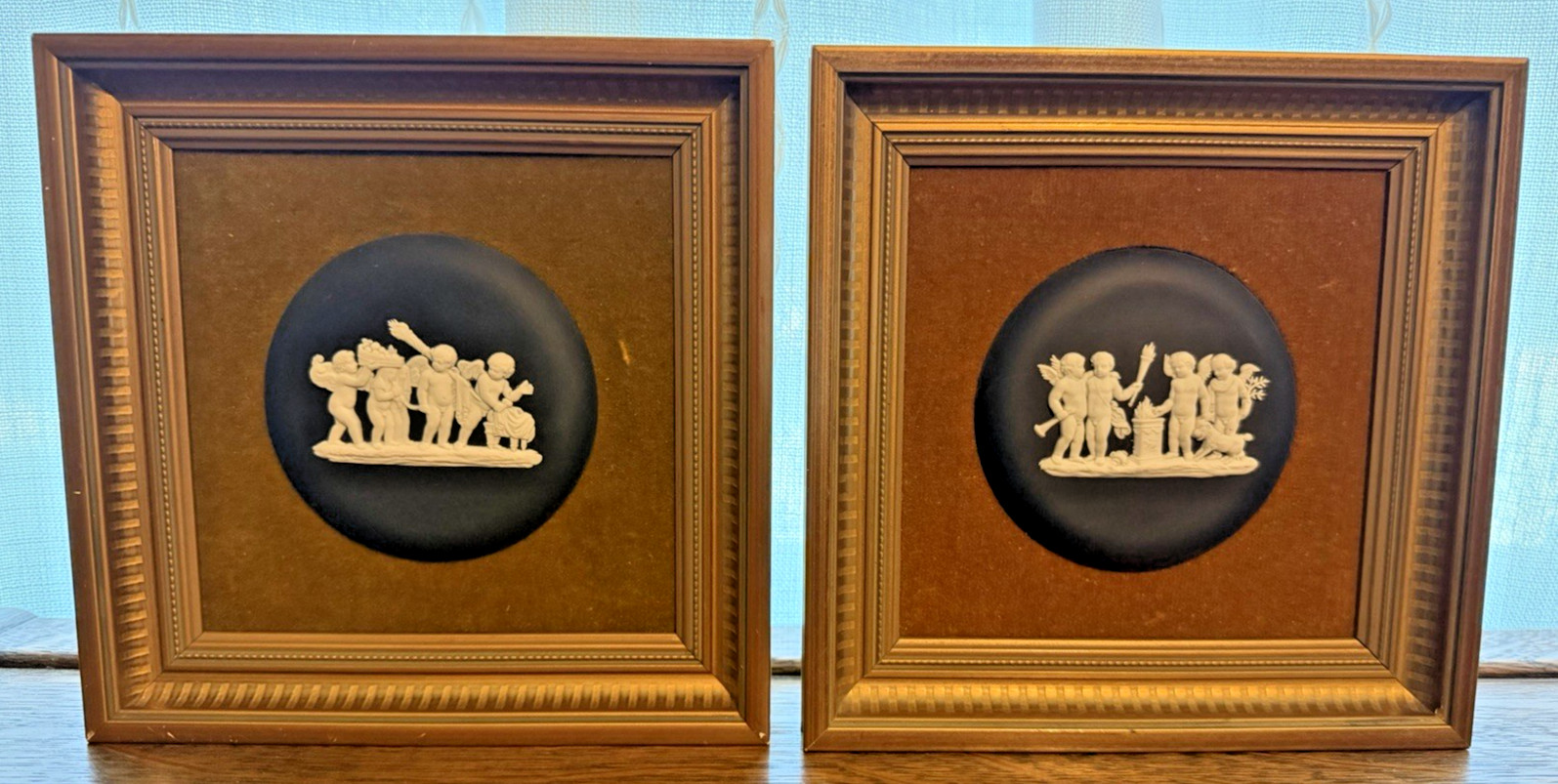 Vintage Wedgwood Black Jasperware Wall Plaques Framed Medallion Cherubs (2 Pc) Vintage Wedgwood Black Jasperware Wall Plaques Framed Medallion Cherubs (2 Pc)