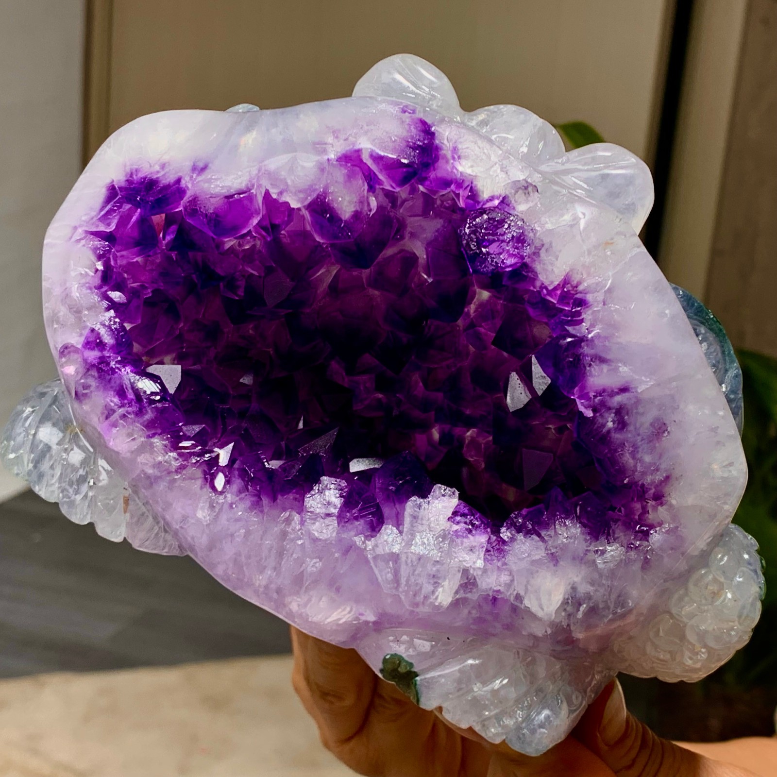 5.53LB Natural Amethyst agate geode quartz crystal Hand carved money Toad