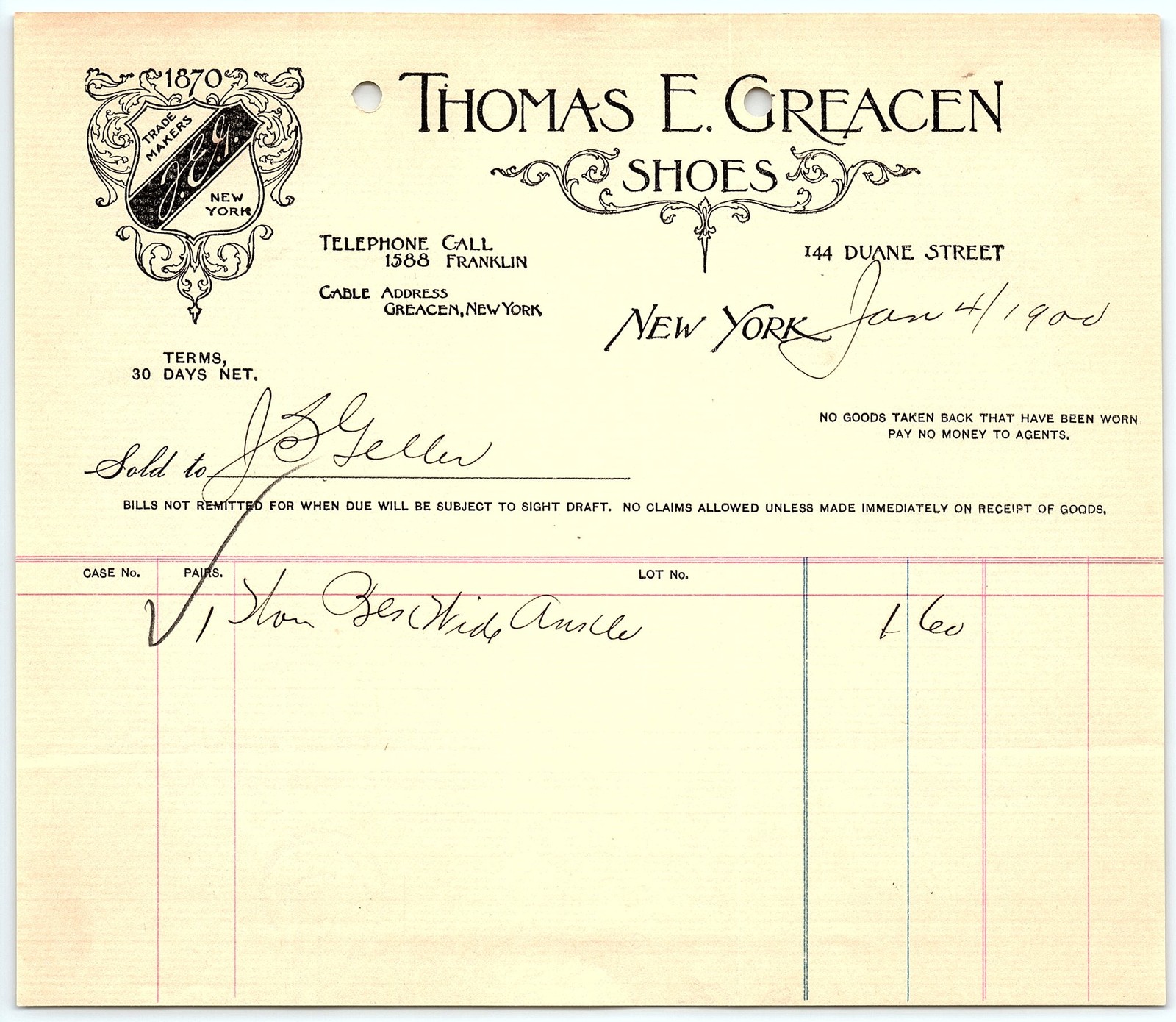 Vintage 1905 Thomas E. Greacen Shoes NYC Billhead