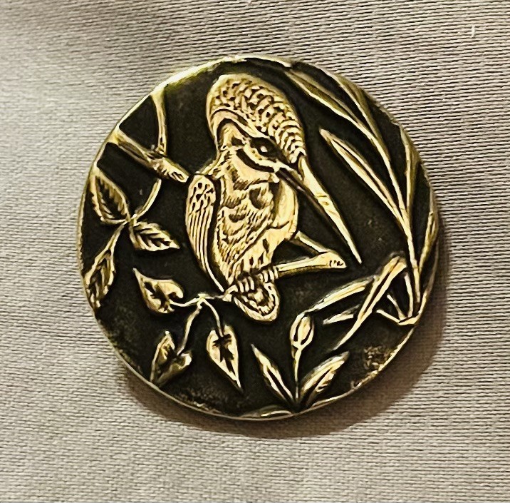 Ex RARE Antique FRENCH KINGFISHER BRASS button, ca., 1880s/1890s backmarked