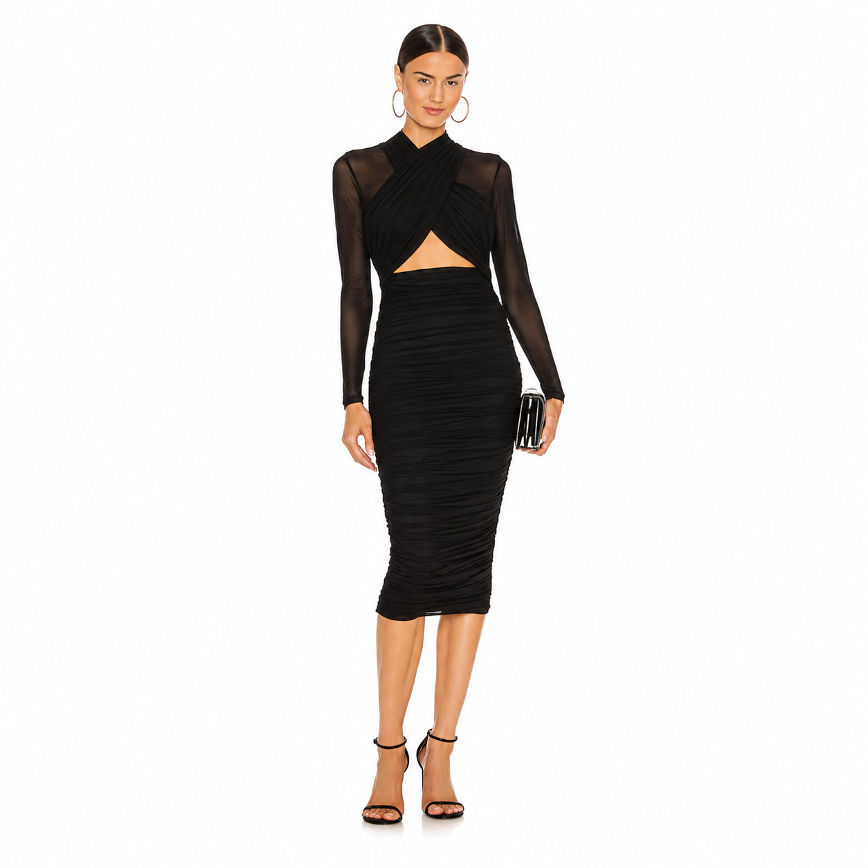 Bardot Black Aliyah Cutout Midi Dress Sheer Long Sleeves Size XS NWT