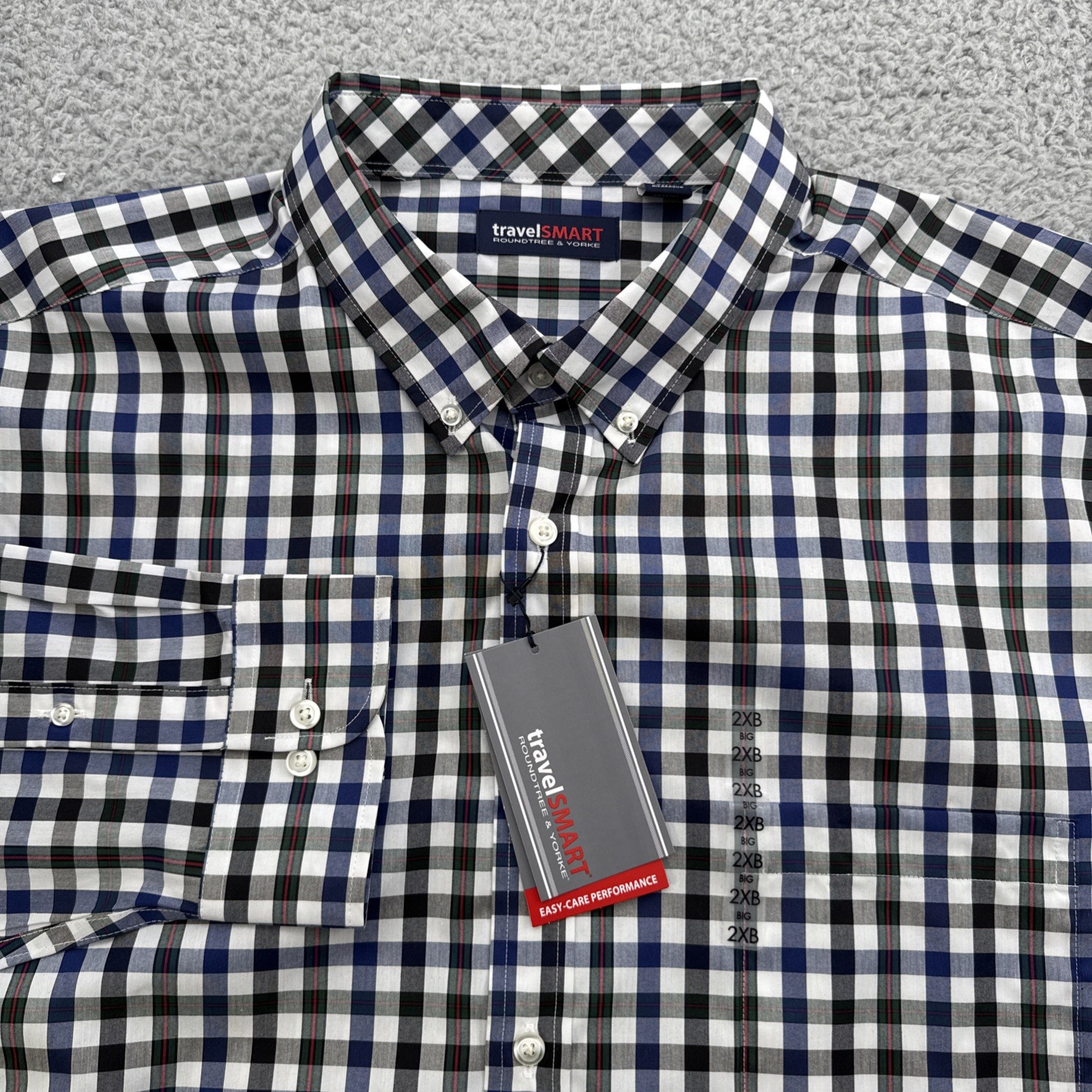 TravelSmart Dress Casual Shirt Mens XXL Big 2XB L/S White Plaid Roundtree &Yorke