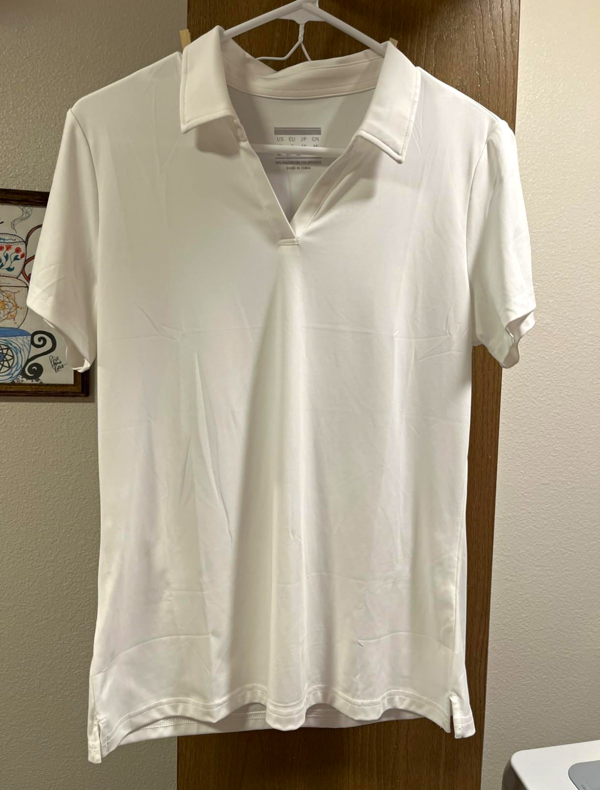 Women’s White Solid Polo Shirt, Collared Short Sleeve Pullover, Size M