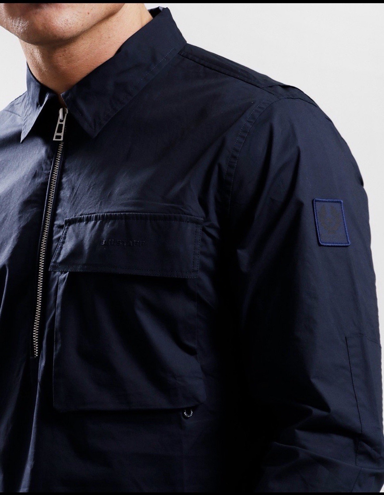 Belstaff 1/2 Zip Tack Shirt Mens IT 2XL US XL Dark Ink Navy Blue Poplin NWT