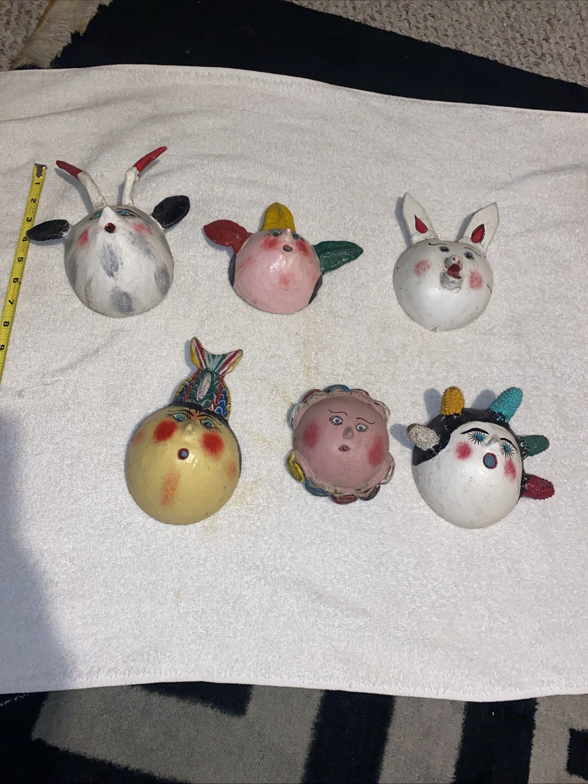 Lot of 6 Vintage, Hand-Made and Painted Bizarre, Oddity, Mexican Coconut Masks