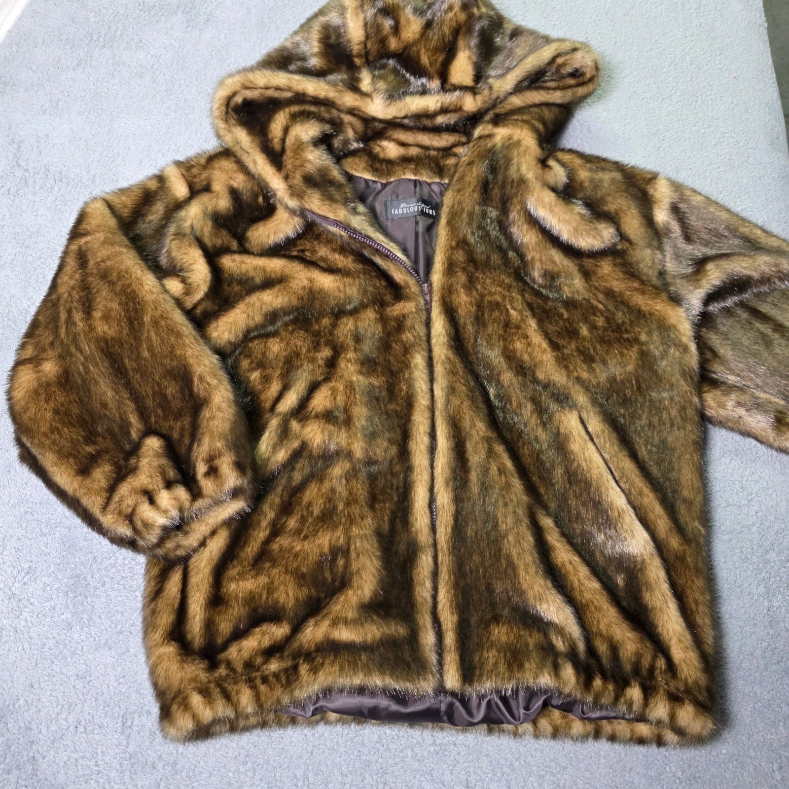 Donna Salyers Fabulous-Furs Womens Medium Bomber Jacket Brown Faux Fur Hooded