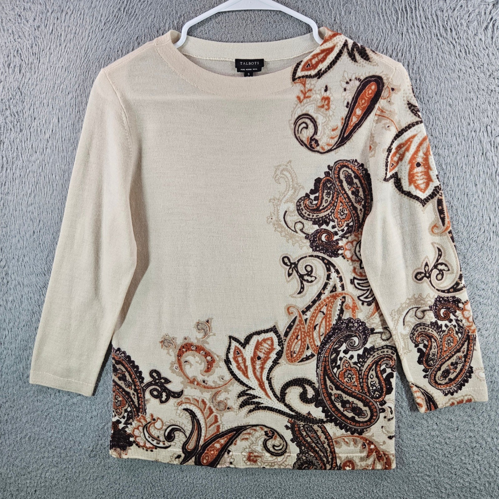 Talbots Merino Wool Sweater Womens Small Beige Paisley Floral 3/4 Sleeve Knit Talbots Merino Wool Sweater Womens Small Beige Paisley Floral 3/4 Sleeve Knit