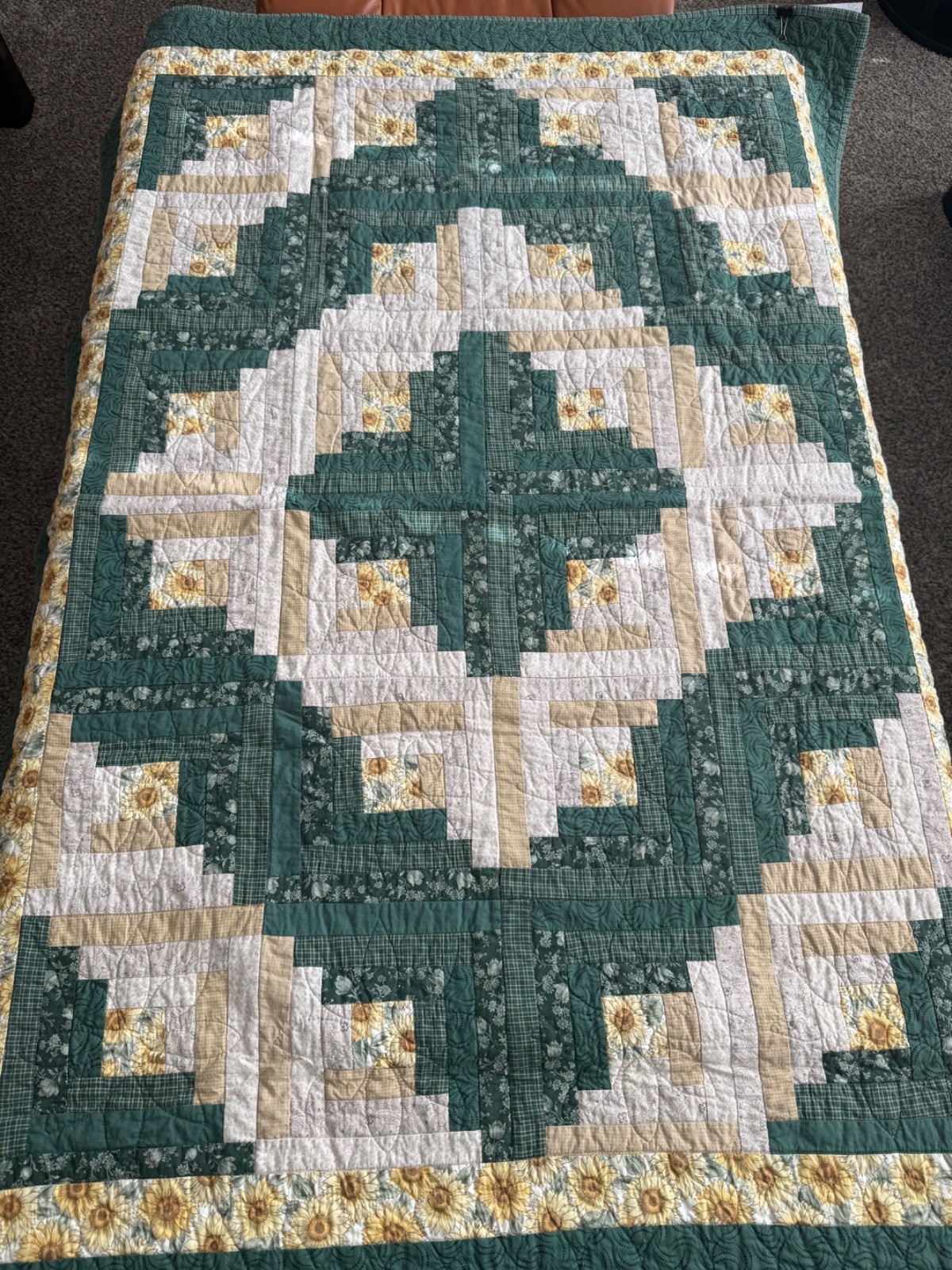 Vintage Log Cabin Quilt 55 by 38  Handmade Floral Sunflowers Green, Tan Yellow