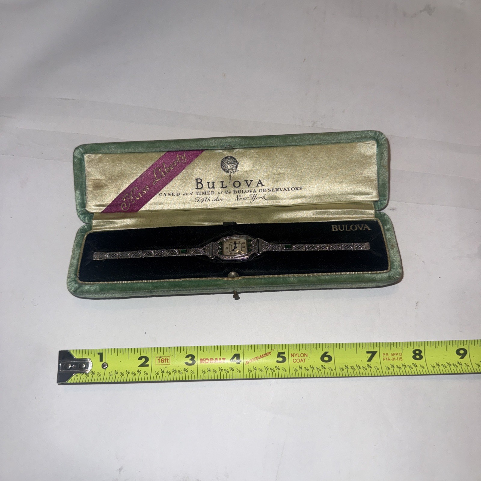 Parts Only Vintage 1929 Ladies Bulova “Miss Liberty”  wristwatch with emeralds
