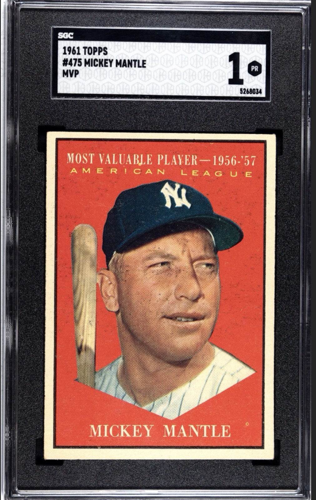 1961 Topps Set-Break #475 Mickey Mantle MVP SGC 1 - GREAT EYE APPEAL 1961 Topps Set-Break #475 Mickey Mantle MVP SGC 1 - GREAT EYE APPEAL