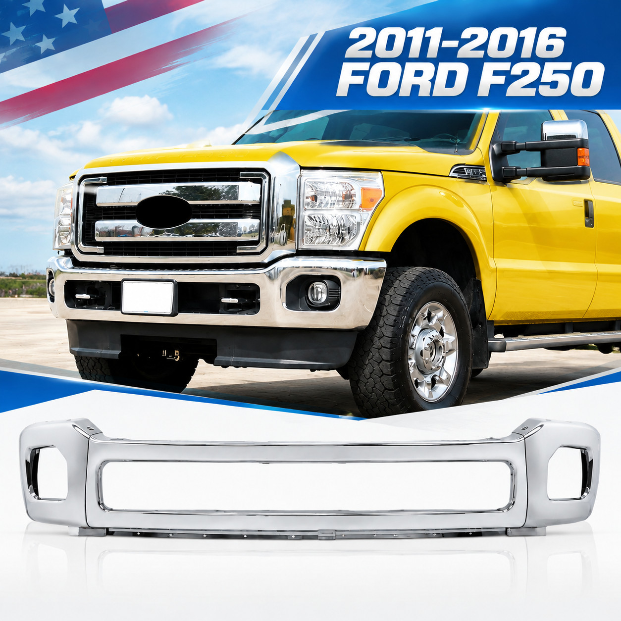 For 2011-2016 Ford F250 F350 Super Duty Chrome Front Bumper Face Bar w/ Fog Hole