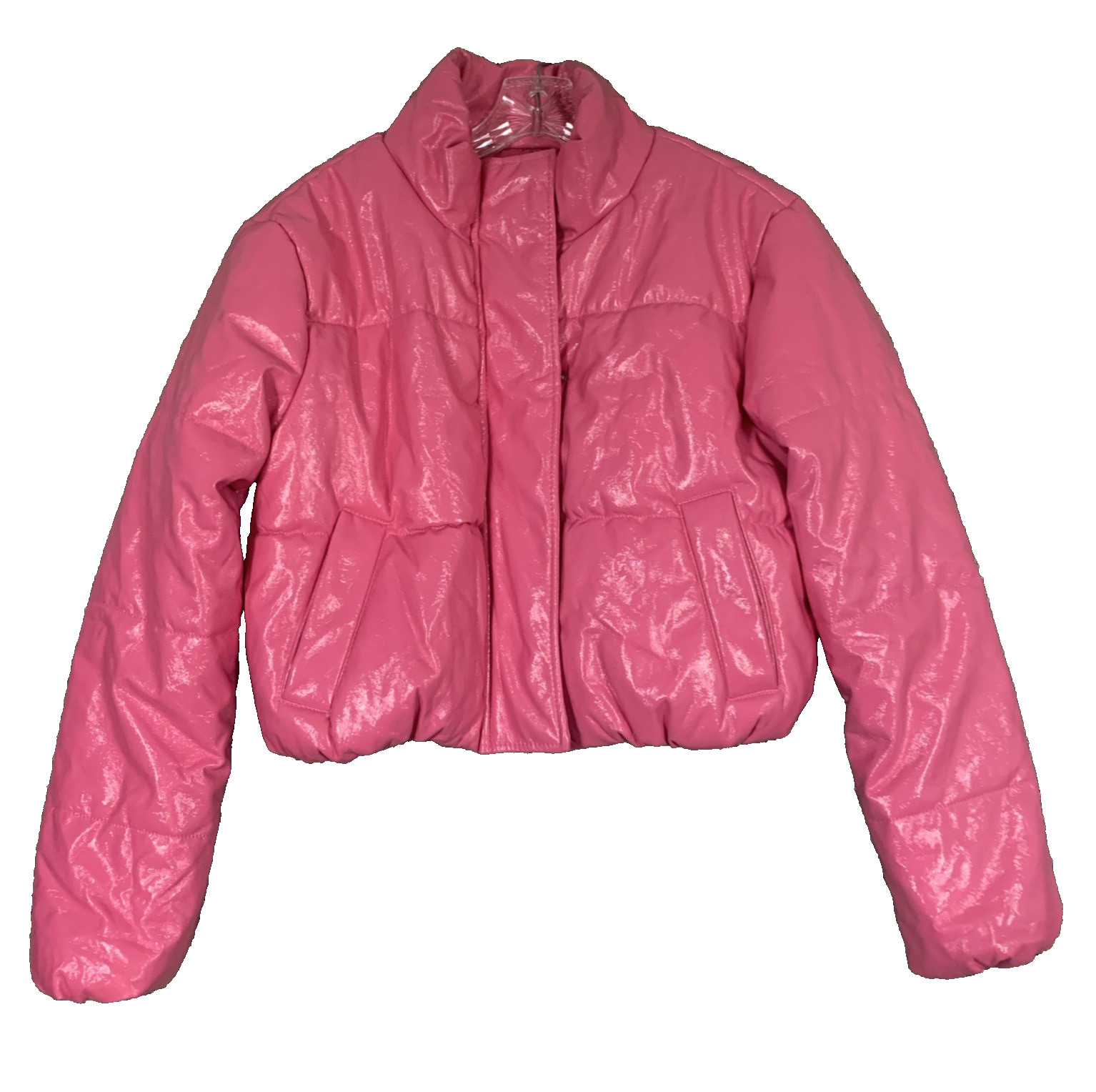 Ambiance Hot Shiny Pink Short Cropped Puffer Jacket Size L 80\'s Inspired