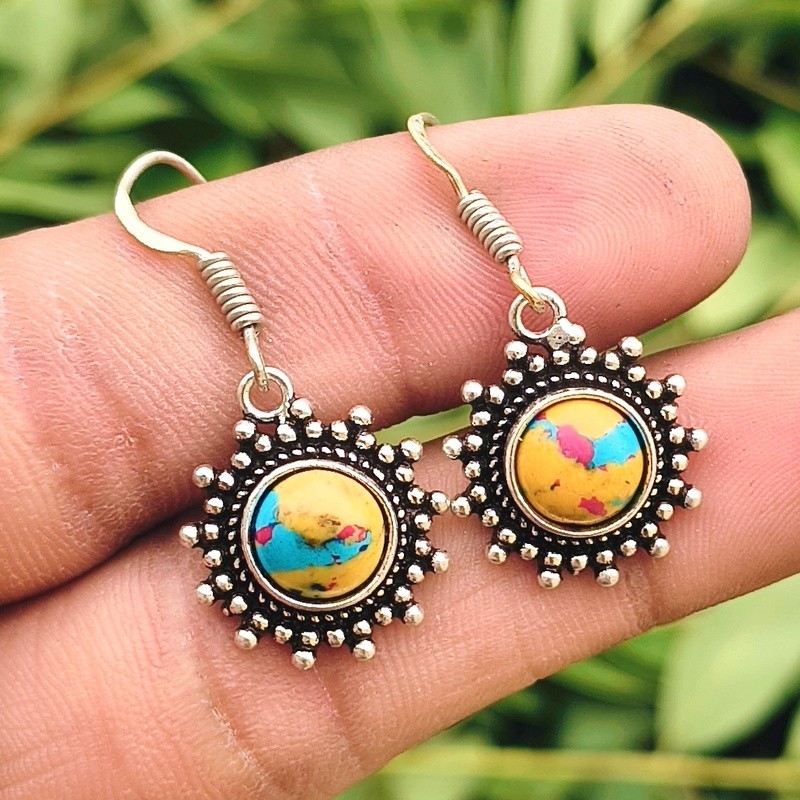 Mosaic Jasper Gemstone 925 Sterling Silver Plated Earring Dangle Drop Jewellery