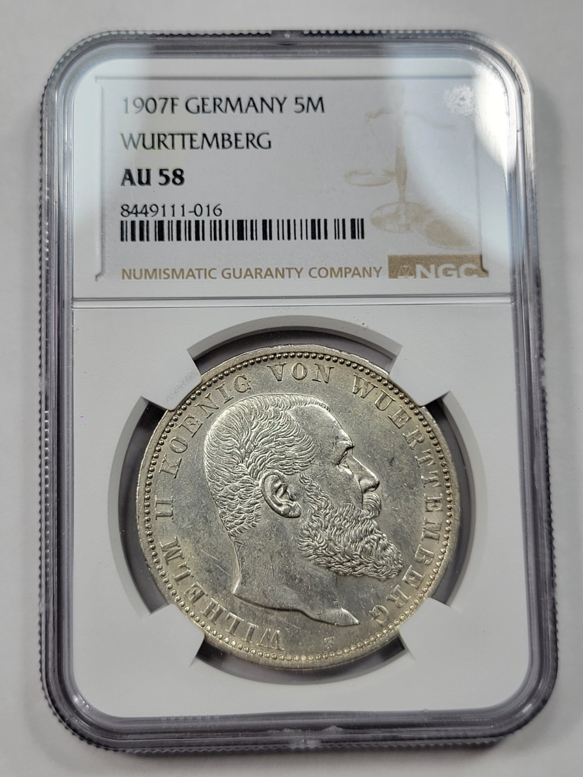 1907 Germany 5 Mark NGC AU58 WURTTEMBERG Silver Crown Coin Nice *V919