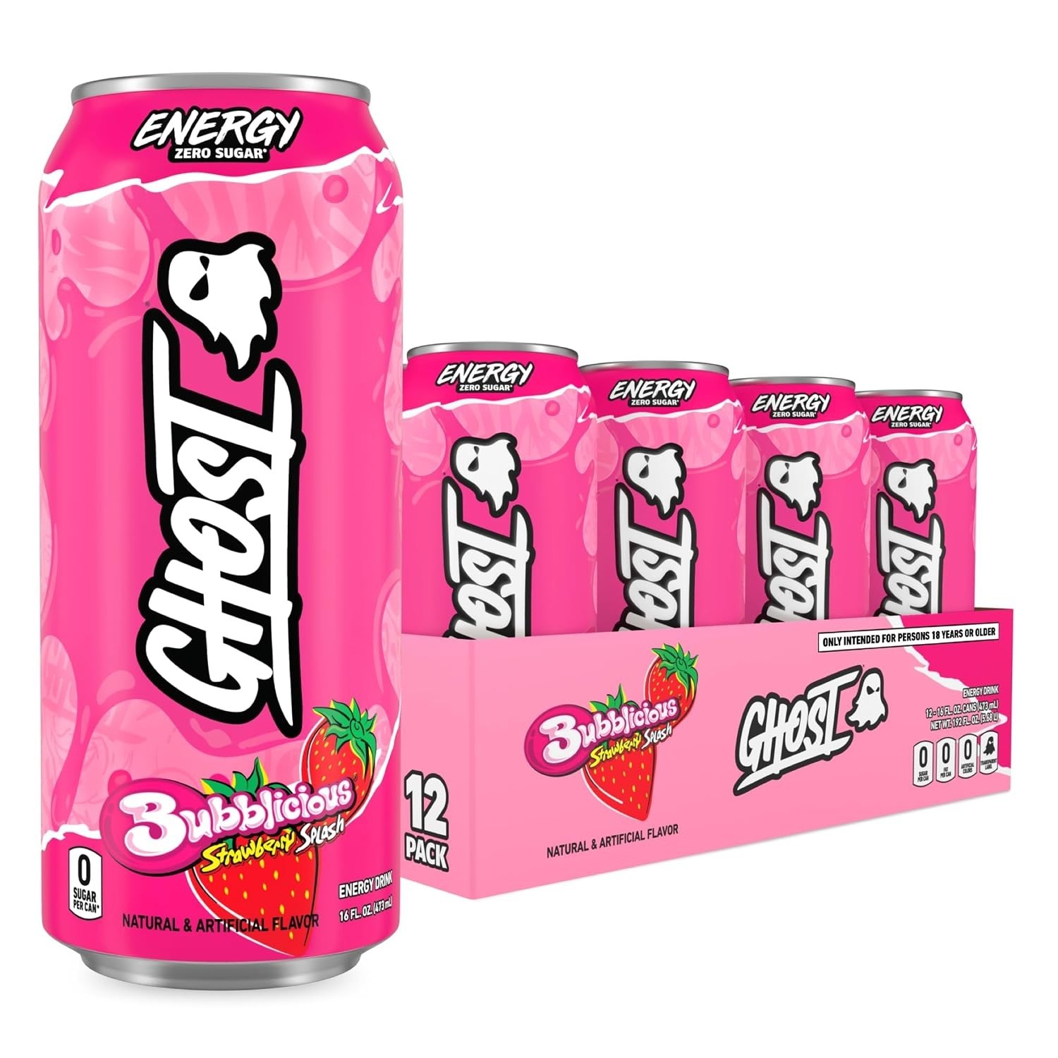 GHOST Energy Drink, Zero Sugars, 12-Pack - Bubblicious Strawberry Splash | Energ GHOST Energy Drink, Zero Sugars, 12-Pack - Bubblicious Strawberry Splash | Energ