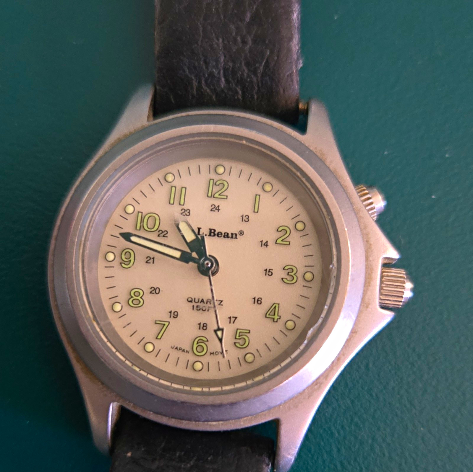 L.L. Bean Quartz Analog Watch White Dial 24-Hour Black Leather Strap 50m