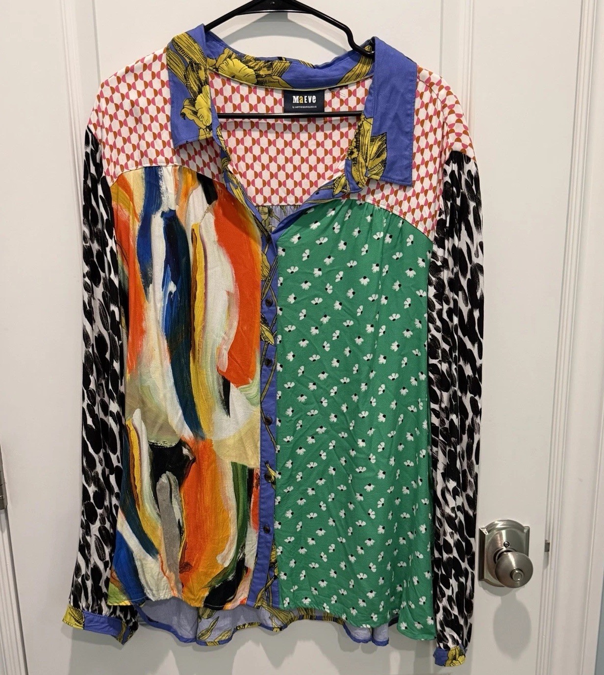 Maeve by Anthropologie Women\'s Paz Contrast Blouse Colorful Wearable Art XL Maeve by Anthropologie Women\'s Paz Contrast Blouse Colorful Wearable Art XL