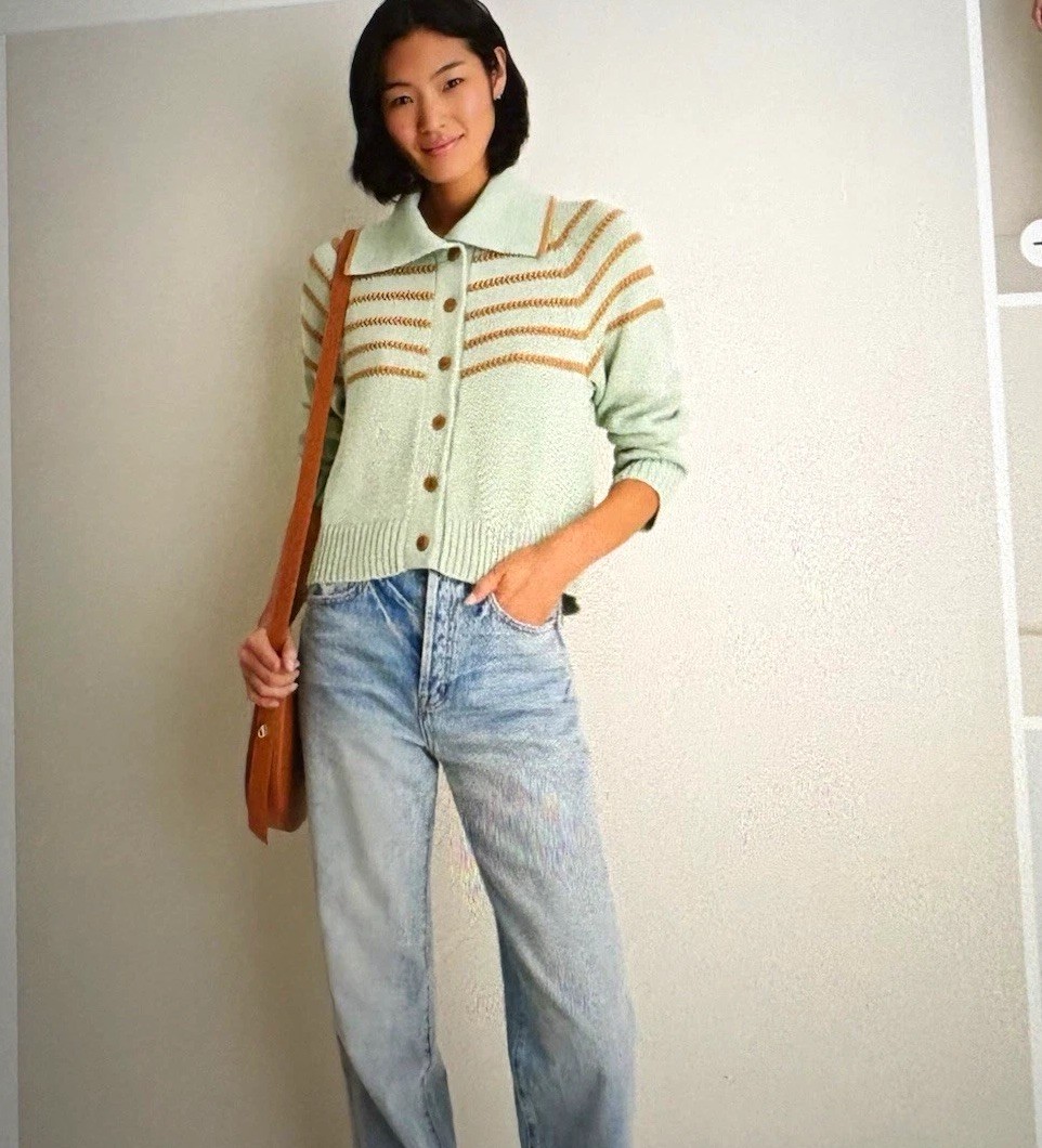 The Great Women\'s Striped Collared Button-Front Cardigan Sweater Green 