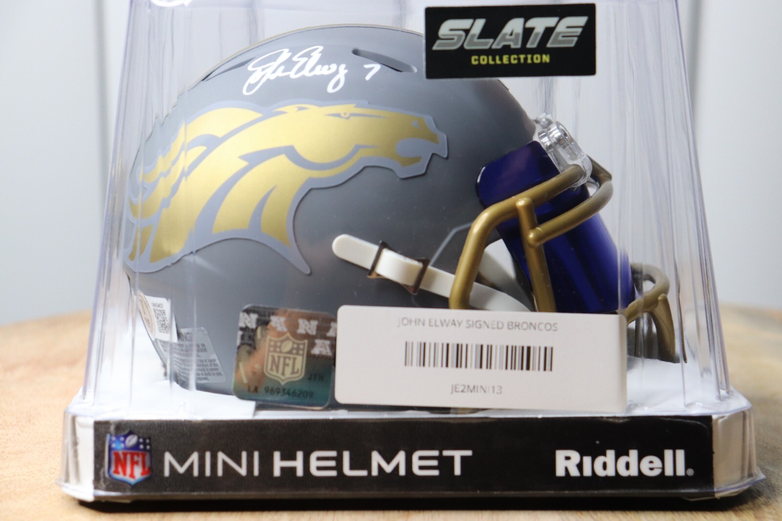 Broncos John Elway Authentic Auto Slate Speed Mini Helmet Beckett BAS w/visor