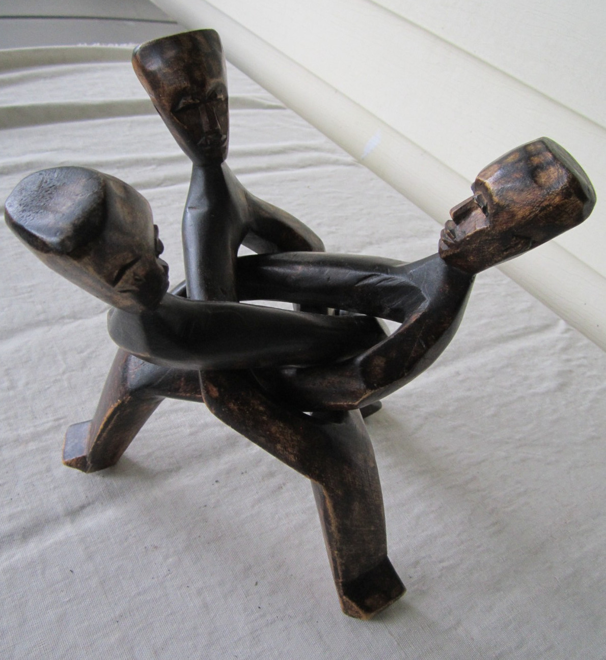 Vintage Wooden Hand Carved 3 Men Interlocking from One Piece of Wood, Folk Art