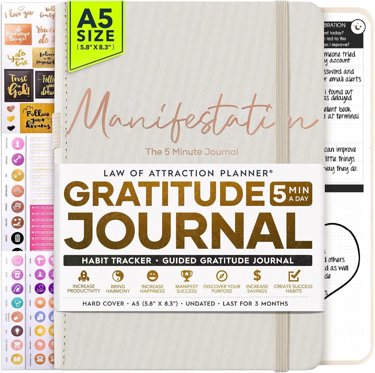 Gratitude Manifesting Journal, Hardcover A5 Undated 5 Min-Day Positivity Planner