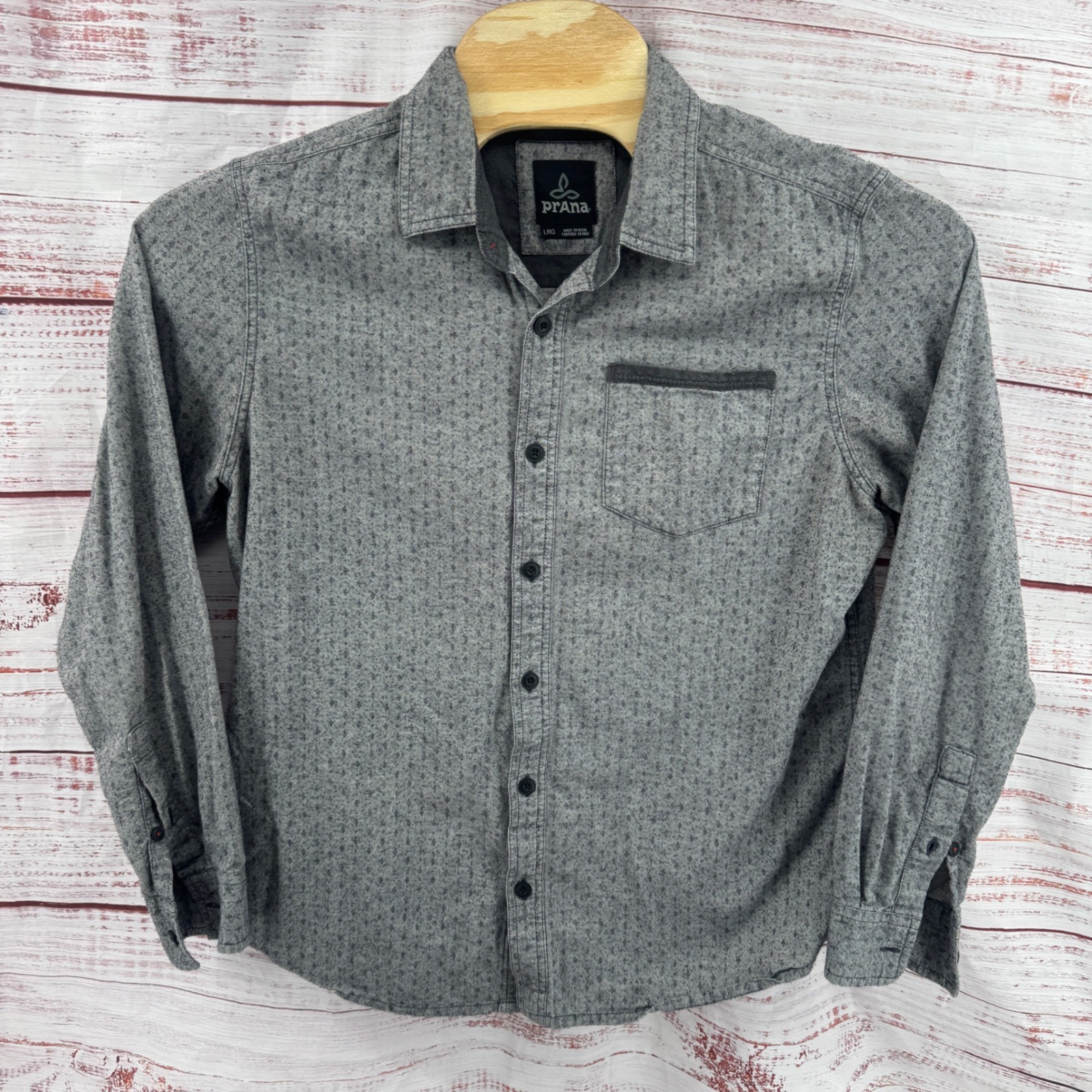 Prana Shirt Mens Large Grey Geometric Diamond Print Long Sleeve Button Down