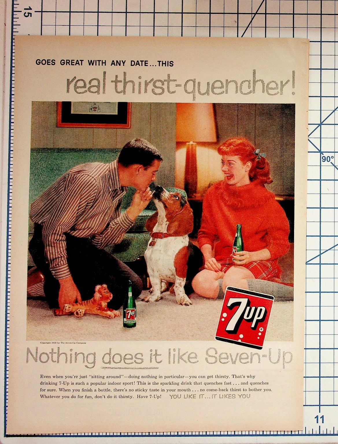 1959 7-Up Magazine Ad Vintage Soda Pop Real Thirst-Quencher Couple Dog 1959 7-Up Magazine Ad Vintage Soda Pop Real Thirst-Quencher Couple Dog