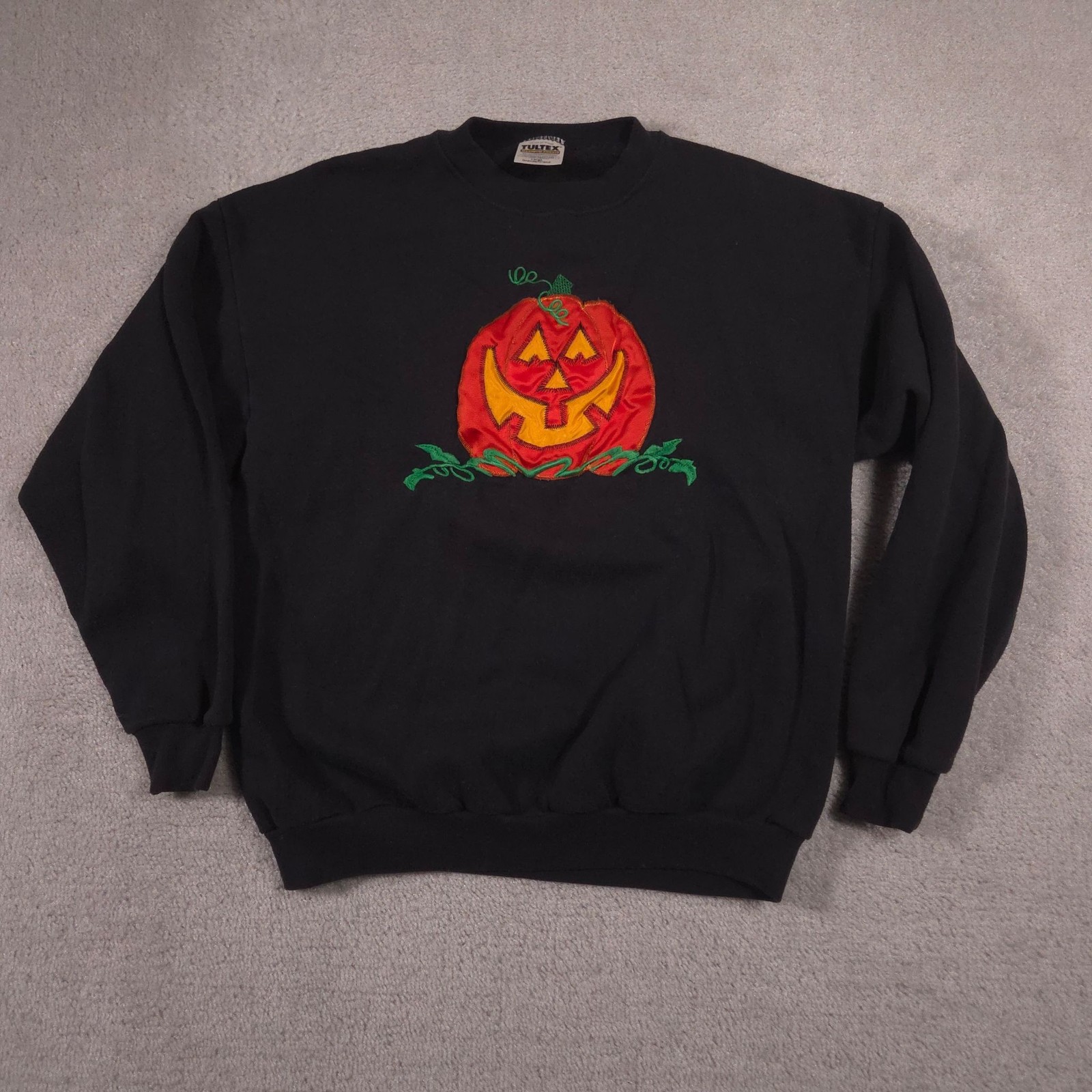Vintage Tultex Sweatshirt Mens Large Black Halloween Pumpkin Jack O Lantern 90s
