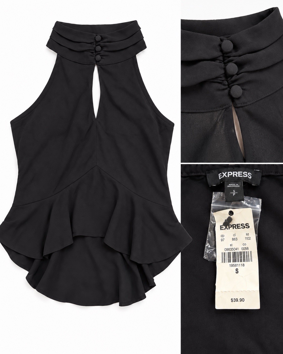 Express Black Halter Keyhole Ruffle Peplum Top NWT Express Black Halter Keyhole Ruffle Peplum Top NWT