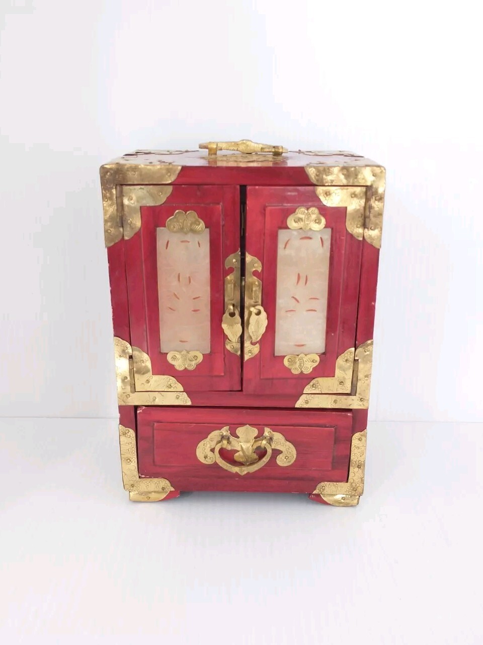 Vintage Chinese Rosewood Jewelry Box Ornate Brass Jade Inlay Vintage Chinese Rosewood Jewelry Box Ornate Brass Jade Inlay