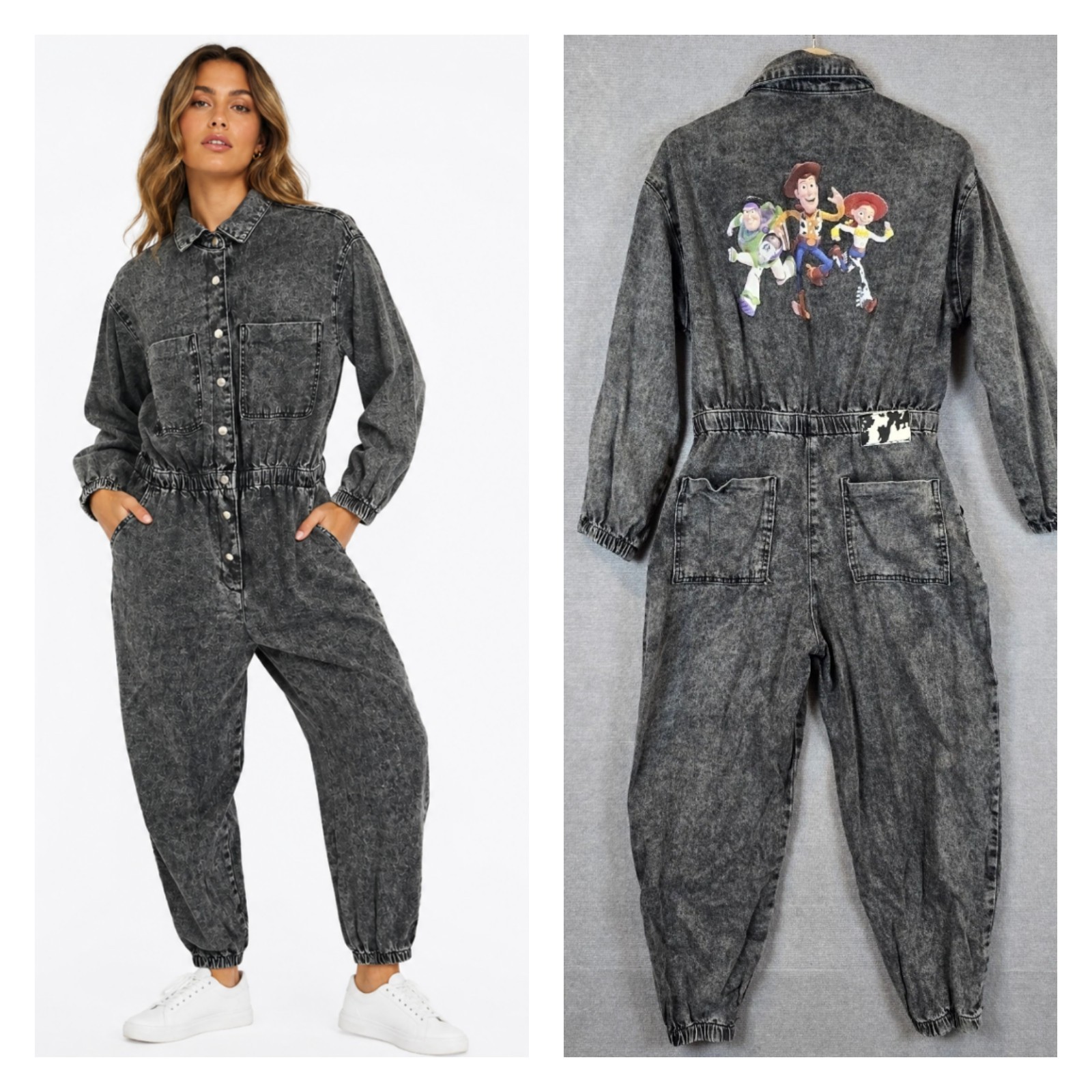 Zara Toy Story Jumpsuit Womens Medium Grey Denim Graphic Print Elastic Waist
