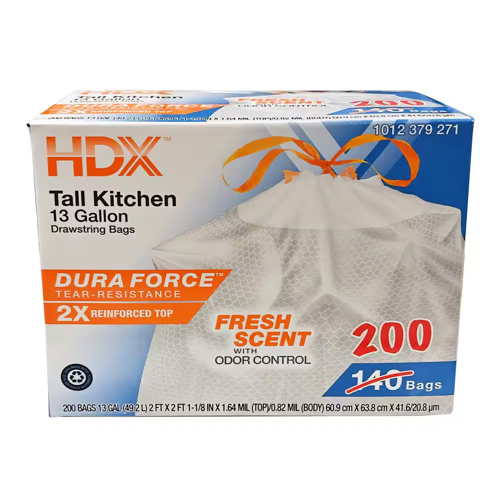 13 Gallon Fresh Scent Tall Kitchen Trash Bags with Drawstring, 200-Count