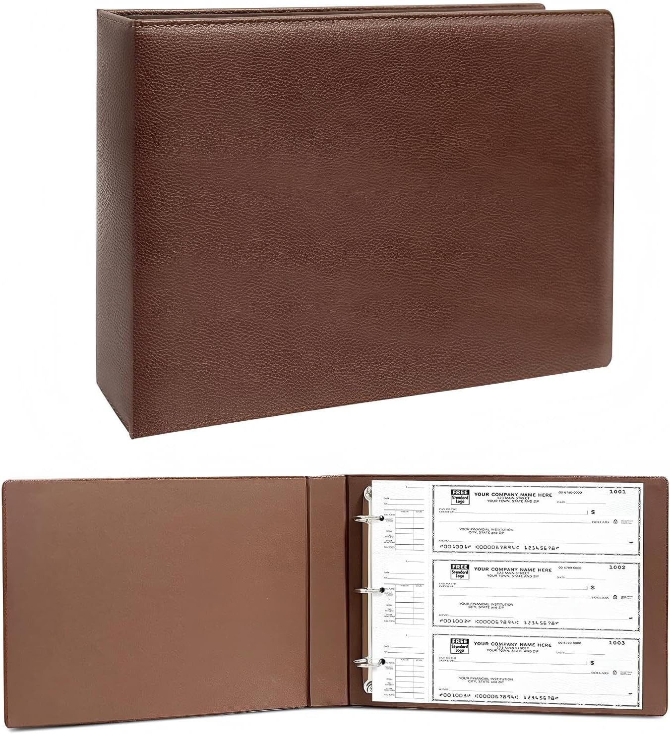 3 Ring Check Binder for 3 & 9 Hole Checks 3 on a Page Faux Leather Brown
