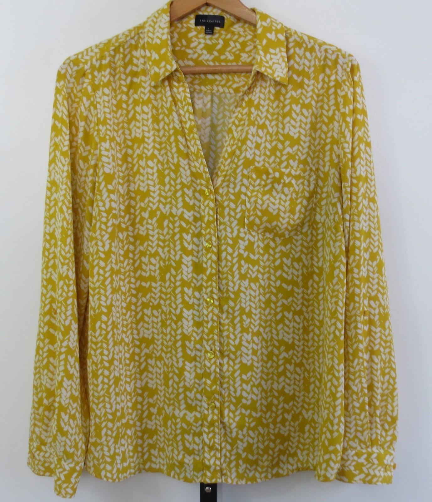 The Limited Blouse Womens L Long Roll Tab Sleeve Yellow Button Down Top Chiffon