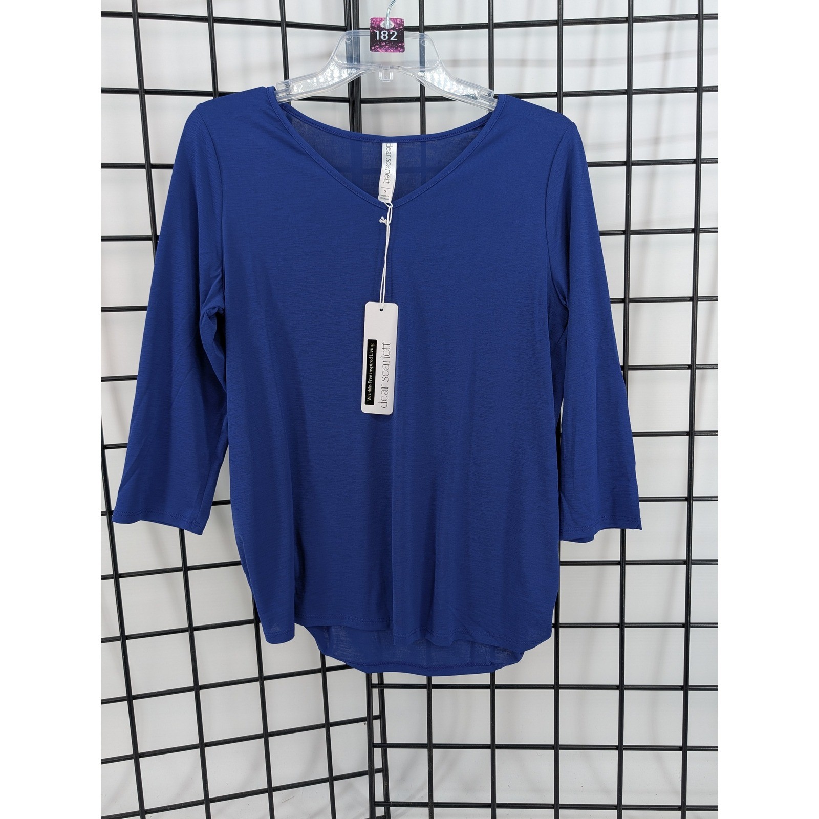 Dear Scarlett Top Women Large Blue New Wrinkle Free V-Neck 3/4 Sleeve Tunic