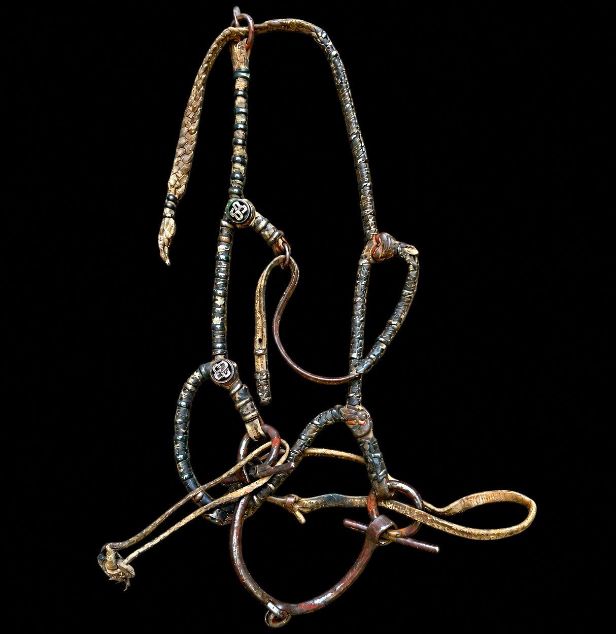 Antique 19th Century Tibetan Horse Bridle Buddhist Endless Knot Iron Leather