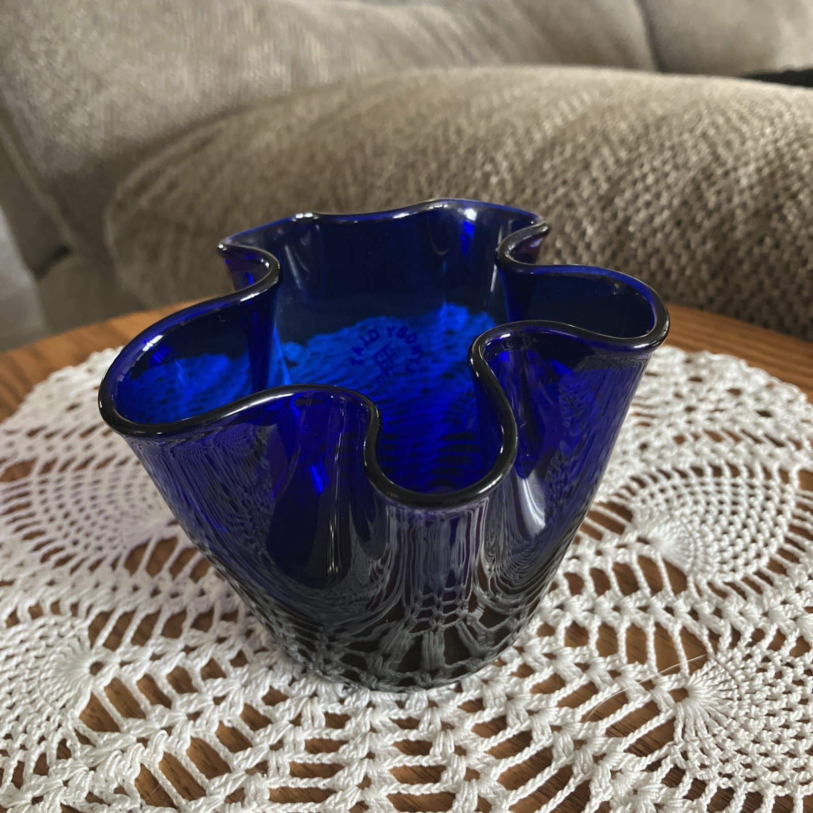 Vintage LYNGBY GLAS Danish MCM Cobalt Blue Ruffled Handkerchief 3” Votive LABEL Vintage LYNGBY GLAS Danish MCM Cobalt Blue Ruffled Handkerchief 3” Votive LABEL