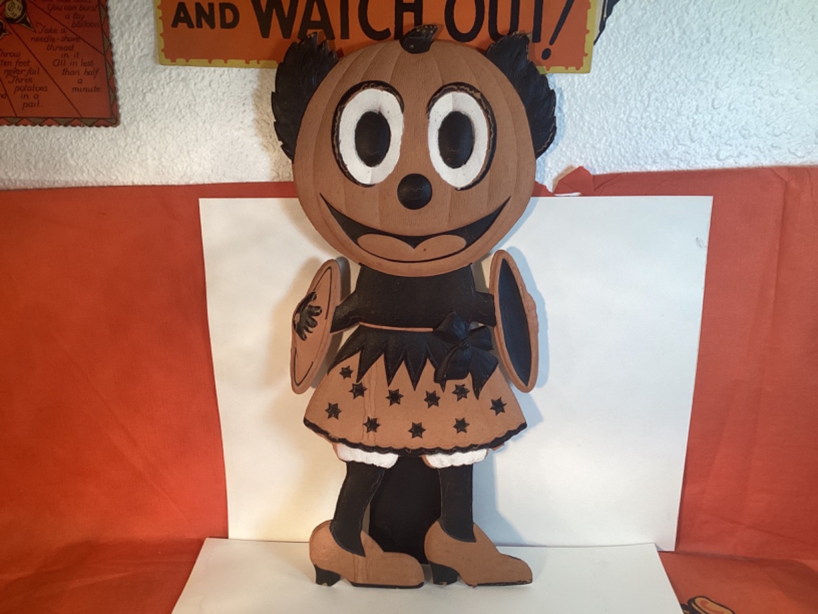 VINTAGE HALLOWEEN GERMAN MICKEY GIRL PLAYING CYMBALS DIE CUT STANDEE ANTIQUE