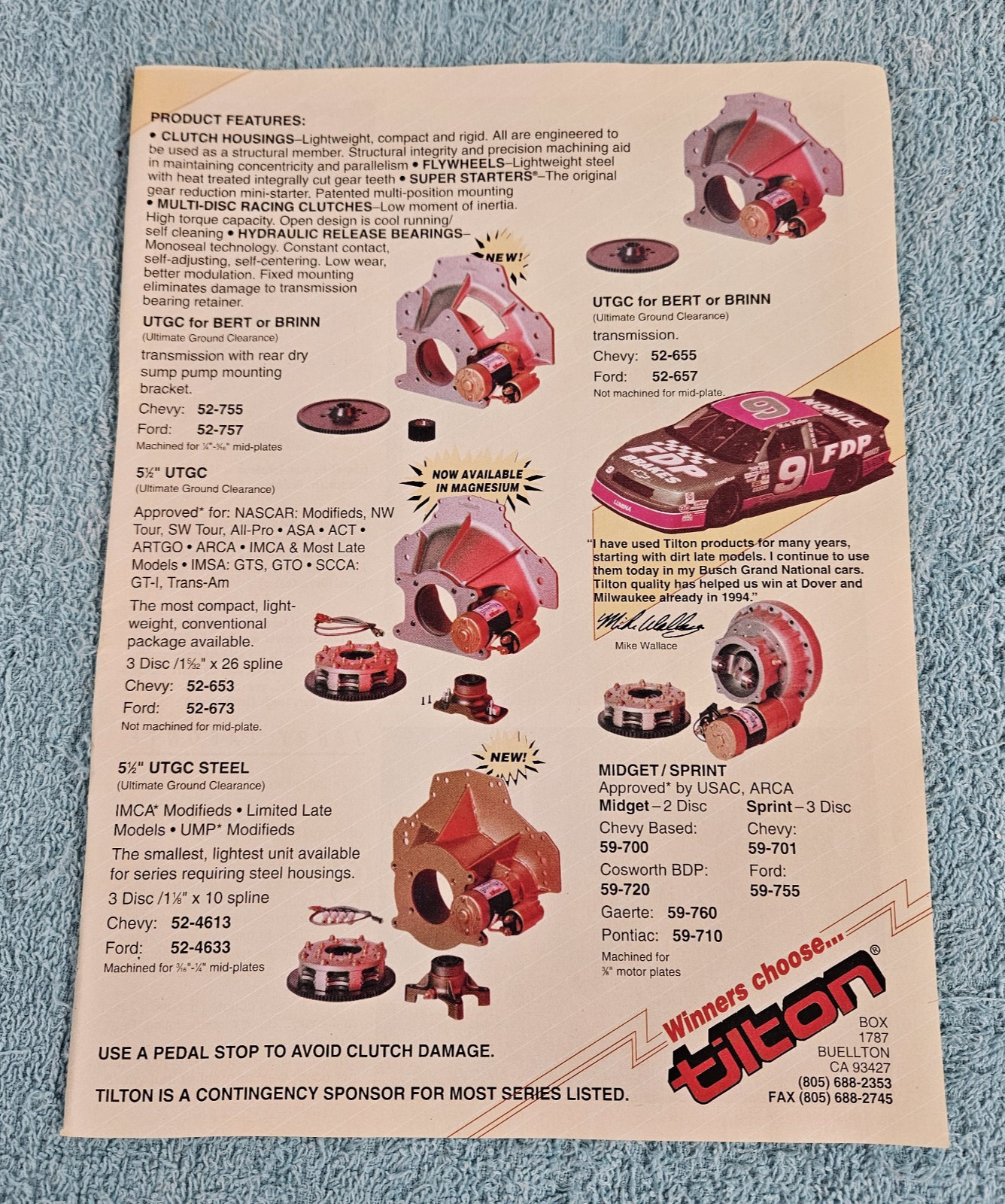 Tilton Engineering Racing Clutch Vintage 1994 Print Ad NASCAR Modified Sprint